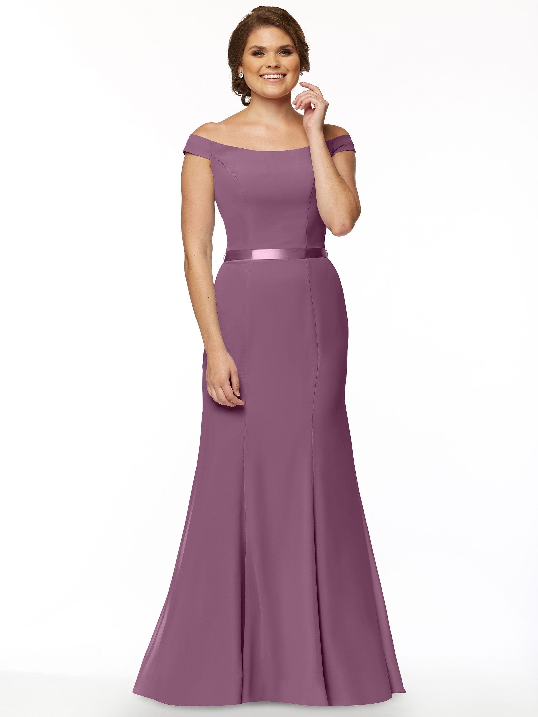 Elegant Off-the-Shoulder Chiffon Bridesmaid Dress with Ribbon Belt - Flattering Fit & Flare Design for Weddings, Parties & Special Occasions