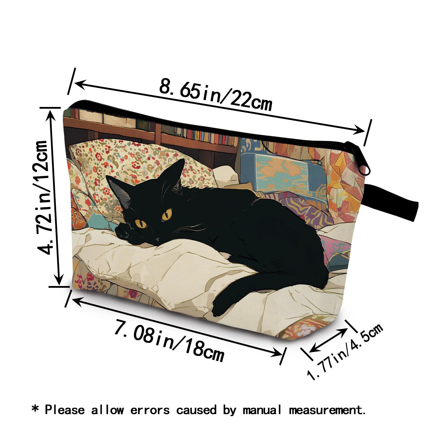 Black Cat Makeup Bag - Cute Floral Cat Cosmetic Organizer with Zipper - Perfect Gift for Cat Lovers Women - Great for Travel, Birthday Presents & Daily Beauty Storage