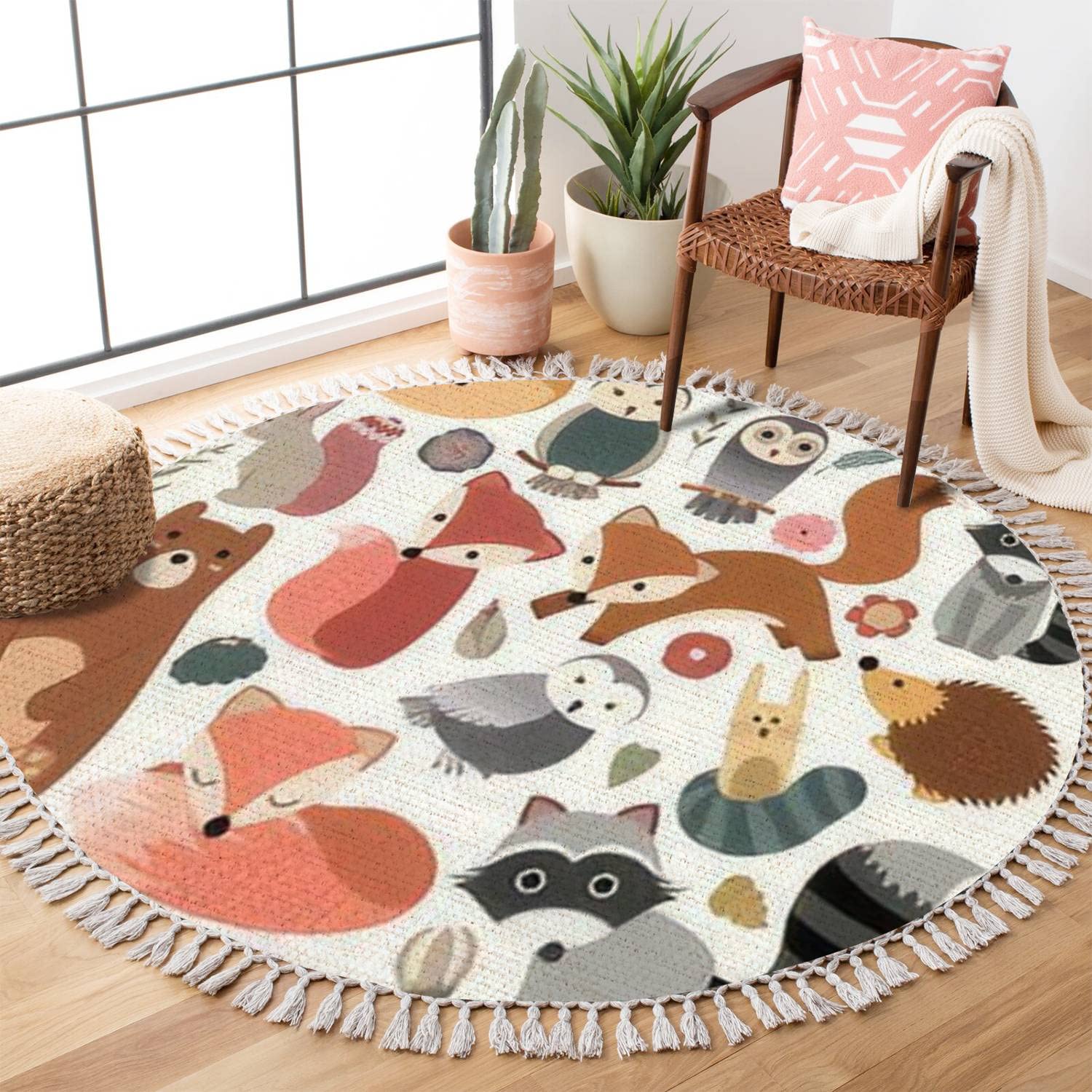 Boho Round Rugs with Woodland Animals - Cute Forest Design 3ft Washable Area Rug in Linen & Cotton for Bedroom, Bathroom, Hallway | Perfect for Meditation Spaces & Boho Home Decor