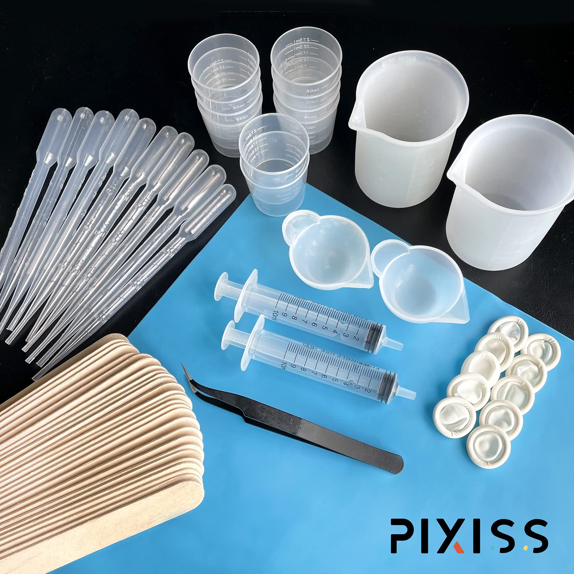 Pixiss 100ml Silicone Resin Measuring Cups Kit - 1oz Epoxy Resin Mixing Tools with Popsicle Sticks, Pipettes, Finger Cots, Gloves & Mat for Jewelry Making, DIY Crafts, Resin Art, and Mold Casting