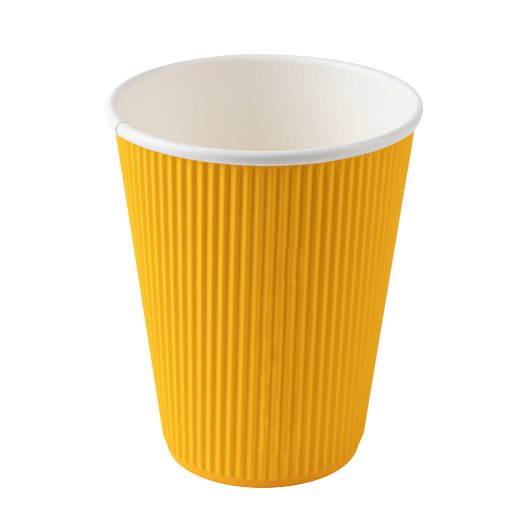 12 oz Yellow Ripple Wall Paper Coffee Cups with White Lids - 20 Count Box (3.5