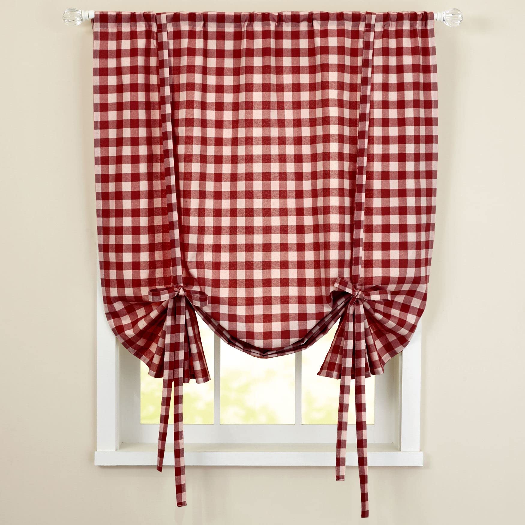 Sweet Home Collection Buffalo Check Burgundy Tie-Up Window Shade - 84 Inch Kitchen Curtain for Privacy & Light Control - Perfect for Farmhouse, Cottage & Rustic Home Decor