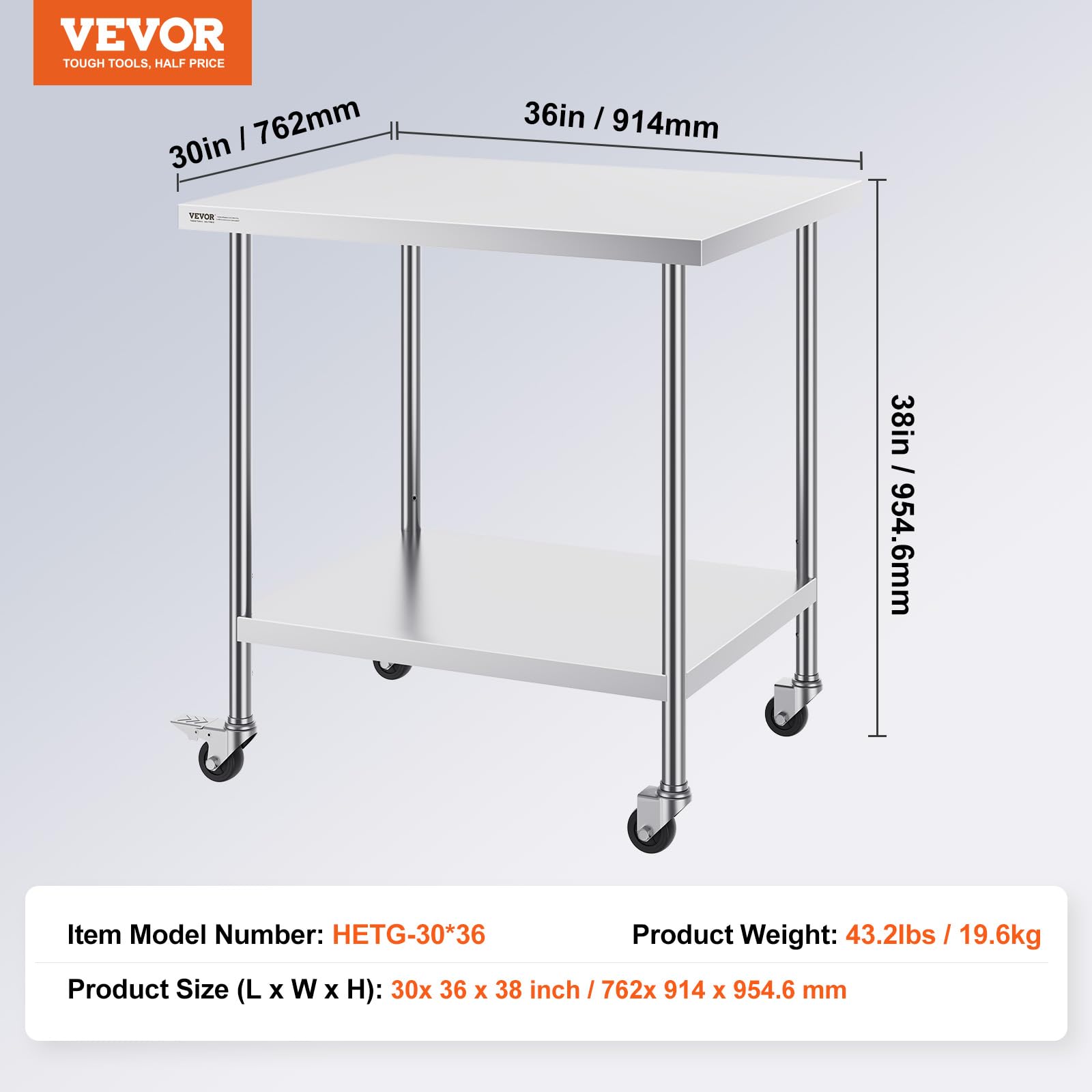 VEVOR 30 x 36 x 38 Inch Stainless Steel Work Table with 4 Wheels & 3 Adjustable Height Levels - Heavy Duty Commercial Kitchen Worktable for Restaurant, Bakery, Food Prep - Silver (Ideal for Food Processing, Catering & Butcher Shops)