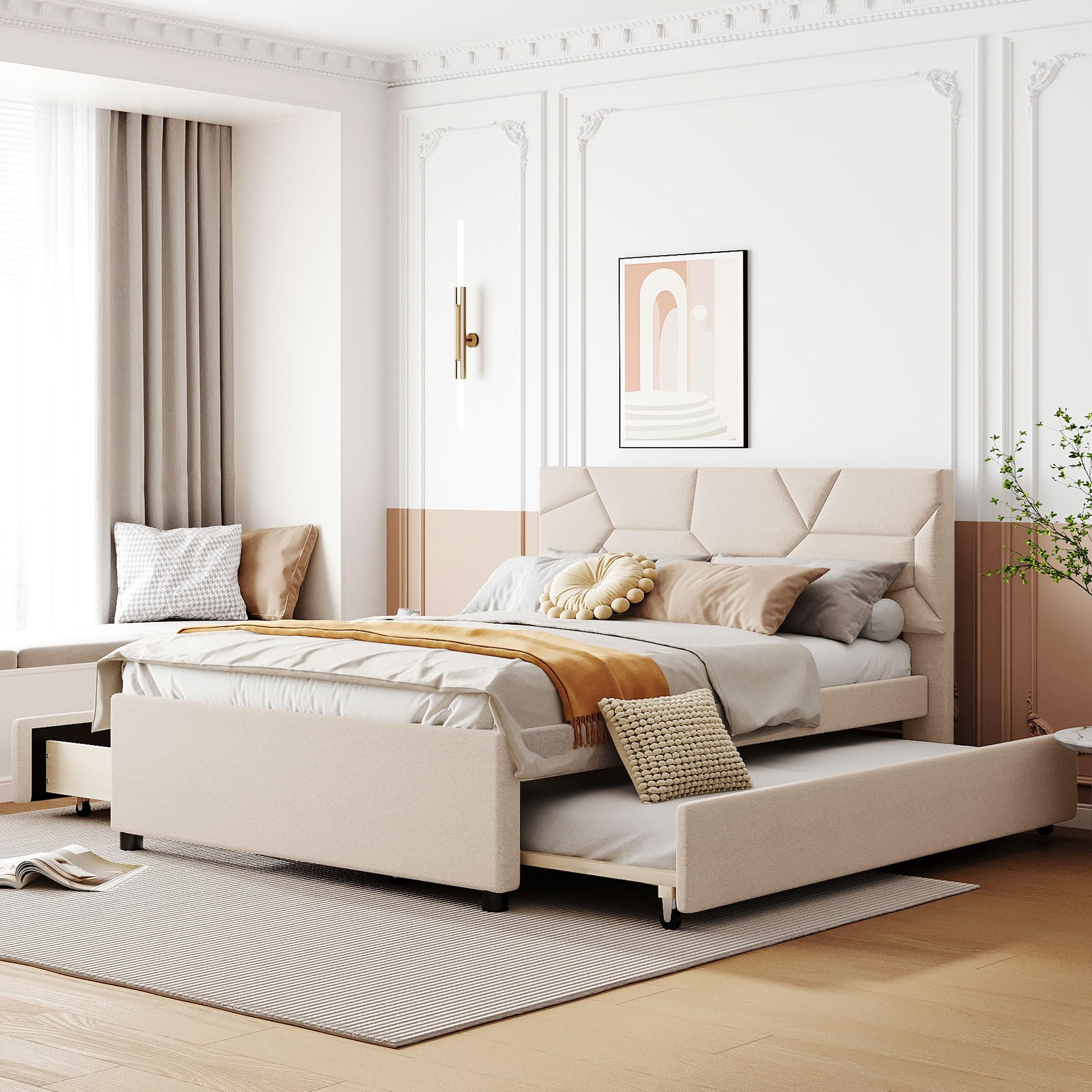 Full Size Linen Upholstered Platform Bed with Twin Trundle & 2 Drawers - Brick Pattern Headboard, Wooden Slats Support - Beige Bed Frame for Teens & Kids | Perfect for Small Bedrooms, Guest Rooms & Space-Saving Solutions