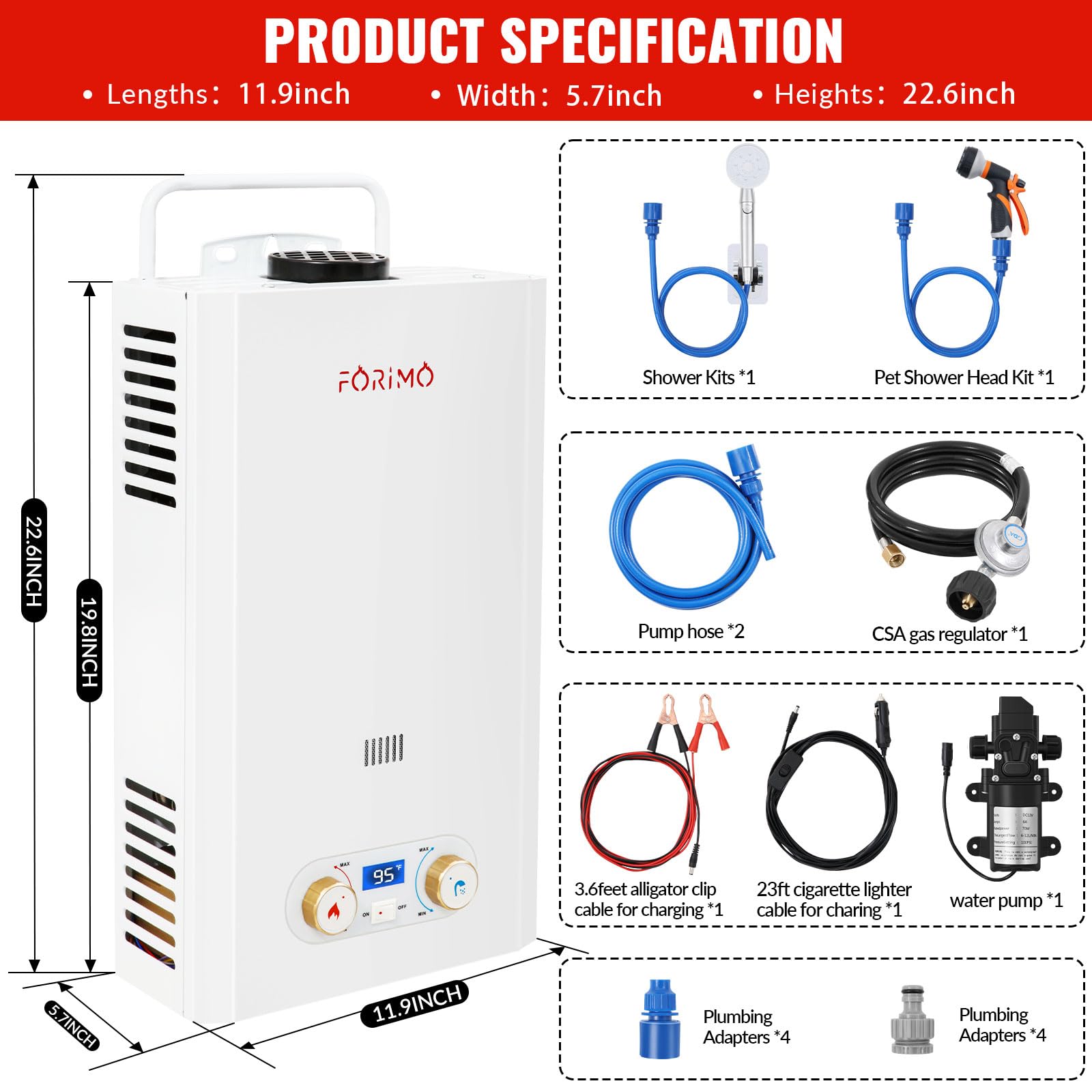 **2.11GPM 8L Outdoor Portable Propane Tankless Water Heater with Digital Display & 2GPM Water Pump - Instant Hot Water for Camping, Boating, RV & Cabin Use**