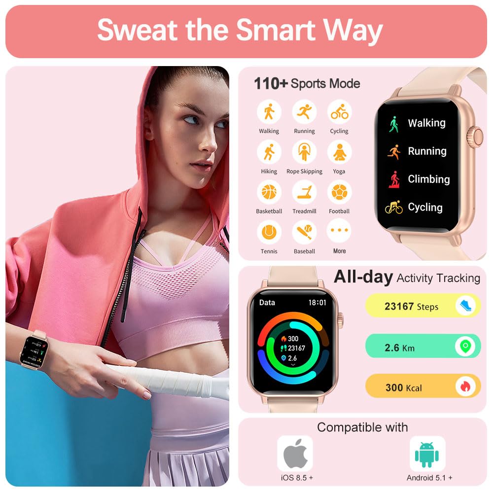 Smart Watch for Women with Call & Text Notifications, Fitness Tracker with Heart Rate & Blood Pressure Monitor - 1.96
