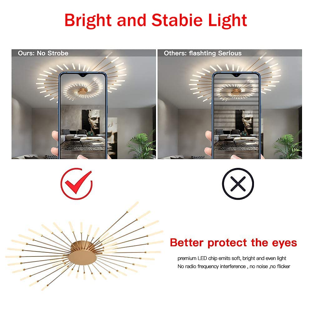 Modern Flower Shape Ceiling Light - Flush Mount LED Lighting Fixture for Living Room & Dining Room - Metal Acrylic Sputnik Firework Petal Design (Matte Gold, 42 Lights) - Perfect for Home Decor, Bedroom Lighting, and Office Spaces
