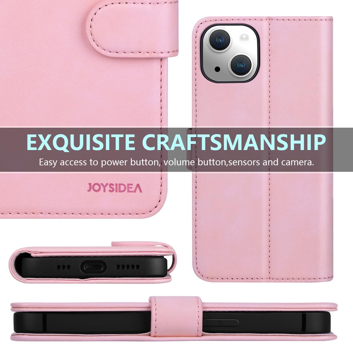 Premium Genuine Leather iPhone 13 Case with Card Holder & Magnetic Wallet - 6.1 Inch Shockproof Protective Cover with Stand (Pink) - Perfect for Business Professionals & Everyday Use