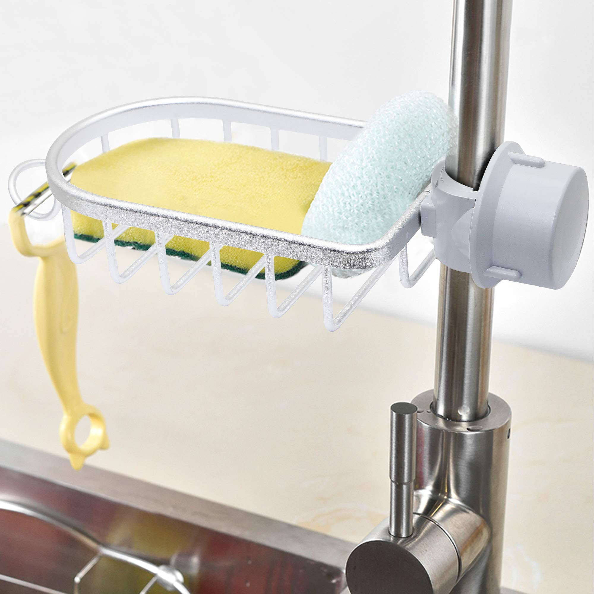 SinLoon Stainless Steel Kitchen Faucet Sponge Holder & Sink Organizer - Space Saving Soap Dish, Brush Rack for Kitchen & Bathroom - Perfect for Small Spaces & Clutter-Free Sinks (White)