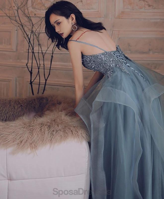 Elegant Dusty Blue V-Neck Spaghetti Strap Lace Beaded Prom Dress | Formal Evening Gown for Homecoming, Wedding, Party | Style 12170