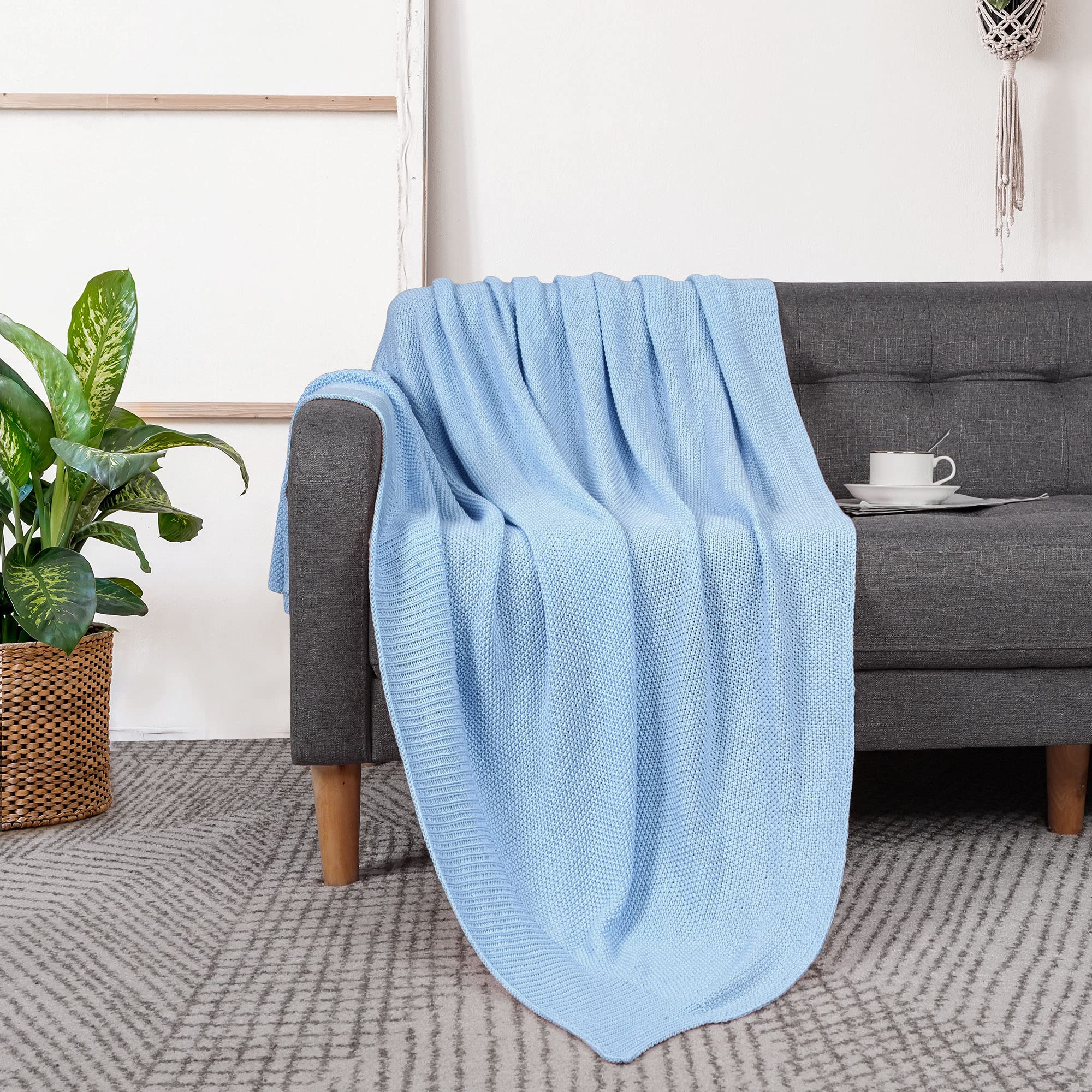 PiccoCasa 100% Cotton Knit Throw Blanket - Ultra Soft Lightweight Decorative Sofa Blanket for Living Room, Bed, Office - Pale Blue 50