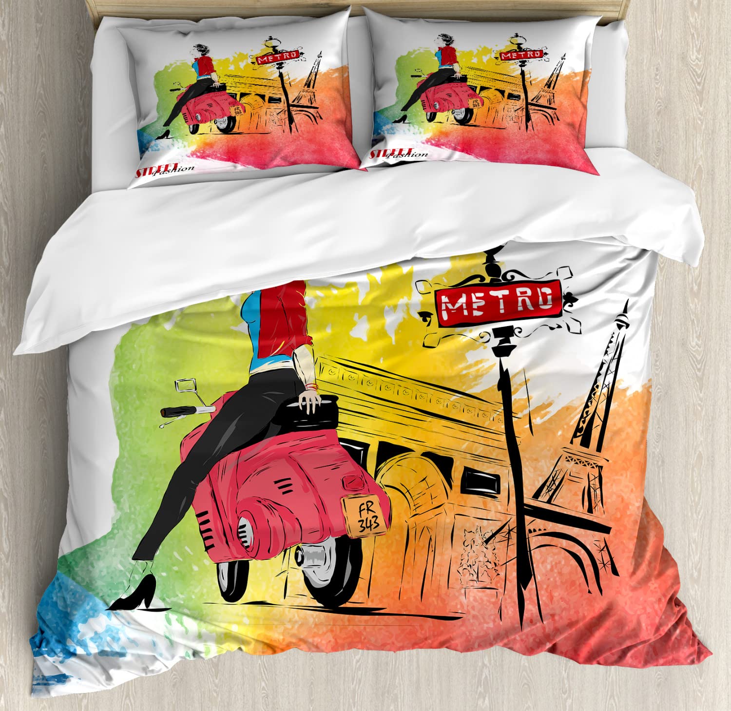 Ambesonne Retro Duvet Cover Set - Pink Motorcycle Fashion Art with Eiffel Tower Print | 2-Piece King Size Bedding Set with 4 Pillowcases | Orange & Red Parisian Chic Decor | Perfect for Bedroom Makeover & Gift Giving