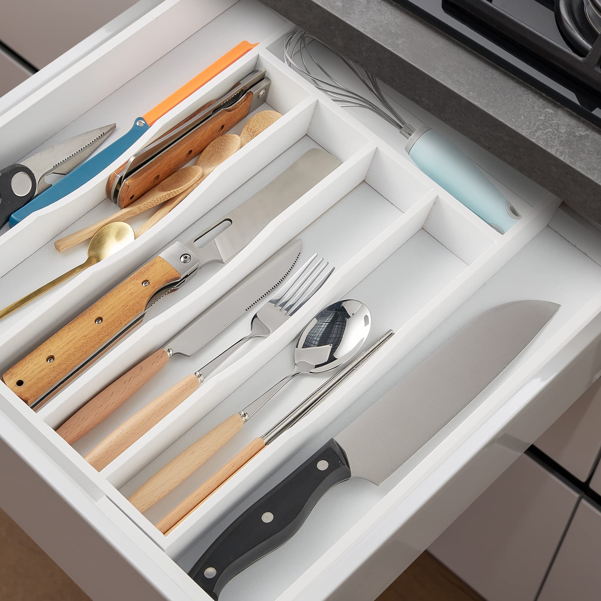 2-Piece Expandable Bamboo Kitchen Drawer Organizer - Adjustable Bamboo Wood Cutlery Tray for Flatware, Utensils, and Silverware - Perfect for Kitchen Drawer Storage and Organization (White)