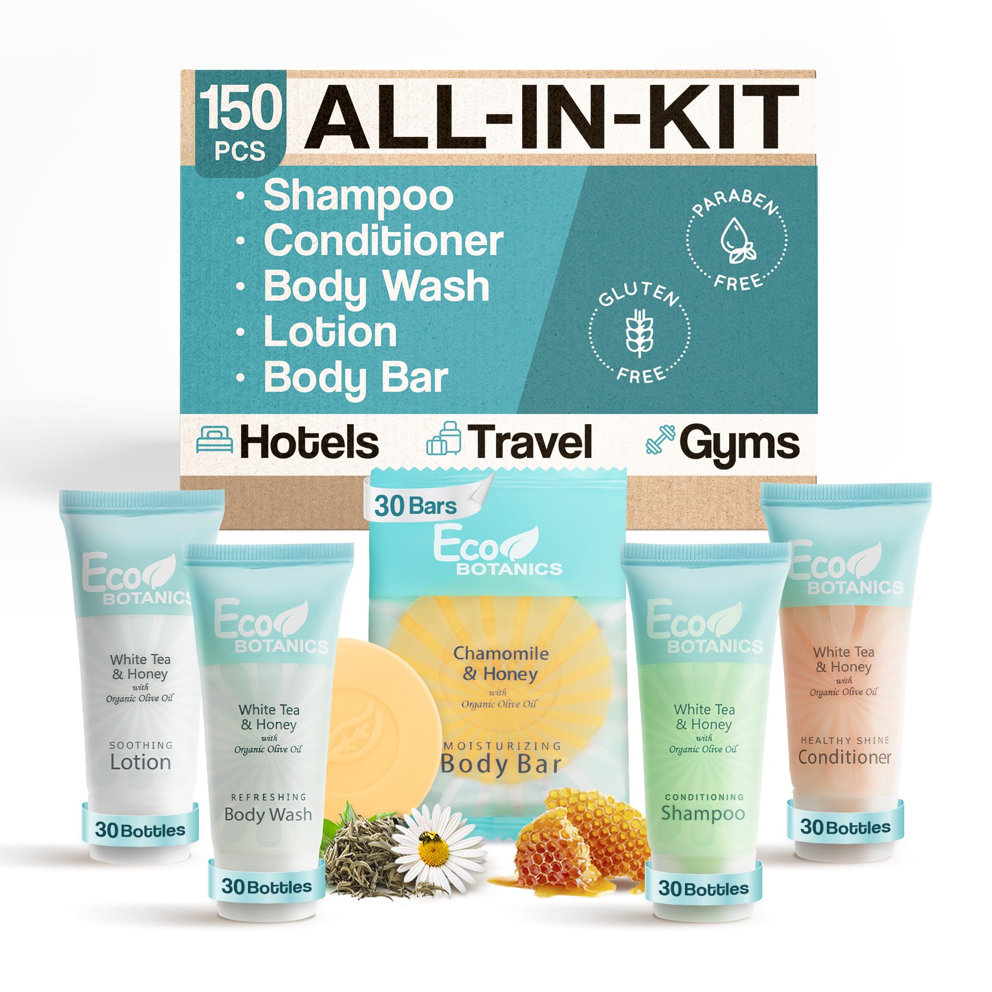 Eco Botanics Bulk Hotel Soap & Toiletries Set - 150 Piece Travel Size Amenities Kit with 0.85oz Shampoo, Conditioner, Body Wash, Lotion & 0.89oz Bar Soap - Perfect for Hotels, Spas, Airbnb & Travel Essentials