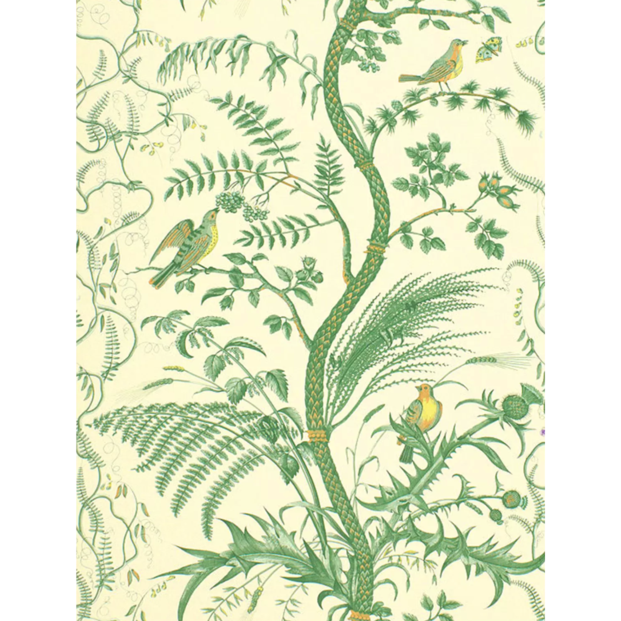 Brunschwig & Fils Green Bird and Thistle Wallpaper - Vintage Floral Wall Decor for Living Room, Bedroom & Dining Room