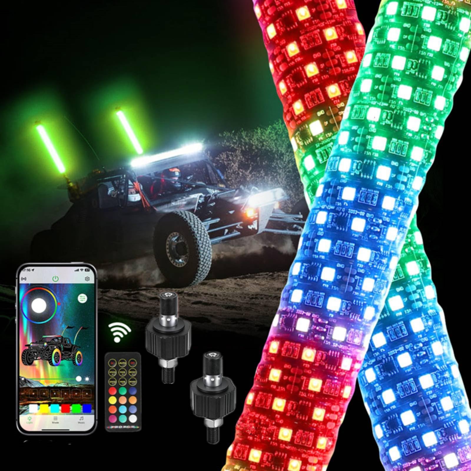 2 Pack 3FT LED Whip Lights for UTV ATV - Adjustable Length, Ultra Bright Spiral Chasing Lights with Rocker Switch, 2 Flags, App & Remote Control - Perfect for RZR, SxS, Can-Am Off-Road Vehicles - Ideal for Night Riding, Trail Adventures & Off-Road Racing