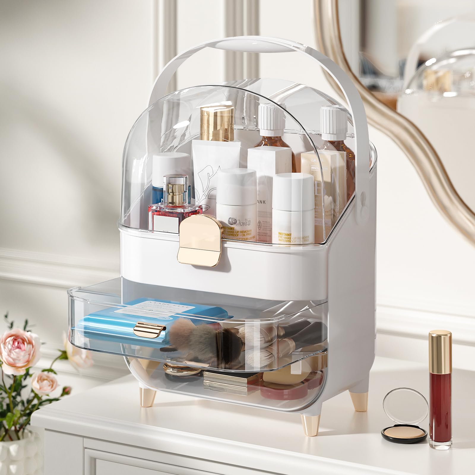 Delamu Large Makeup Organizer with Lid & Drawers - Vanity & Bathroom Counter Storage for Cosmetics, Skincare & Perfumes - White Cosmetic Display Case for Dresser, Countertop & Beauty Station Organization