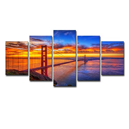 5 Panels Modern Canvas Wall Art - Golden Gate Bridge at Sunrise San Francisco Cityscape Landscape Print - Giclee Artwork for Living Room, Bedroom & Office Decor - Home & Wall Decoration Gift Idea
