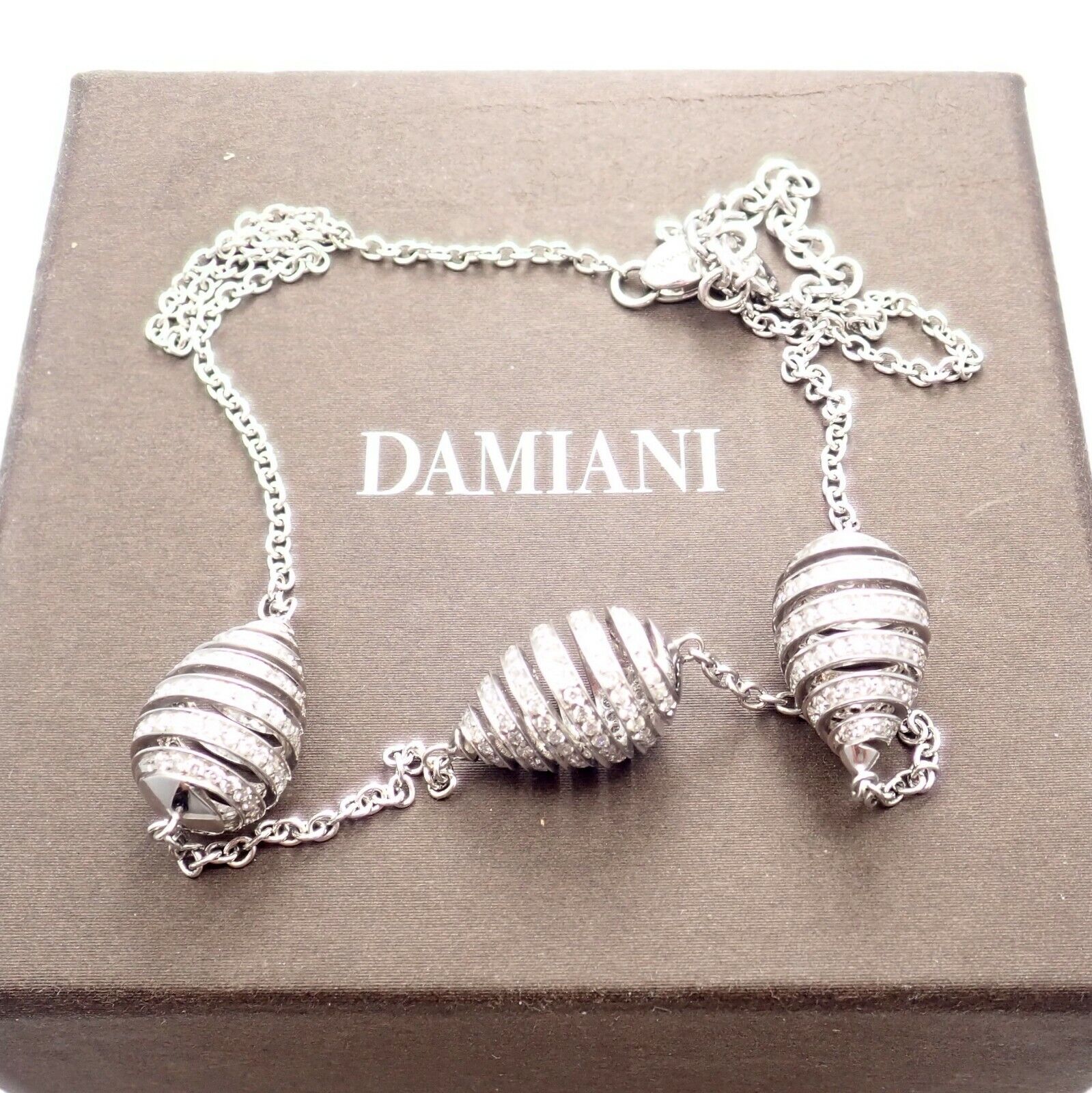 Luxury Damiani 18K White Gold 6ctw Diamond Spiral Teardrop 3 Motif Necklace - Elegant Jewelry for Women, Perfect for Weddings, Anniversaries & Special Occasions