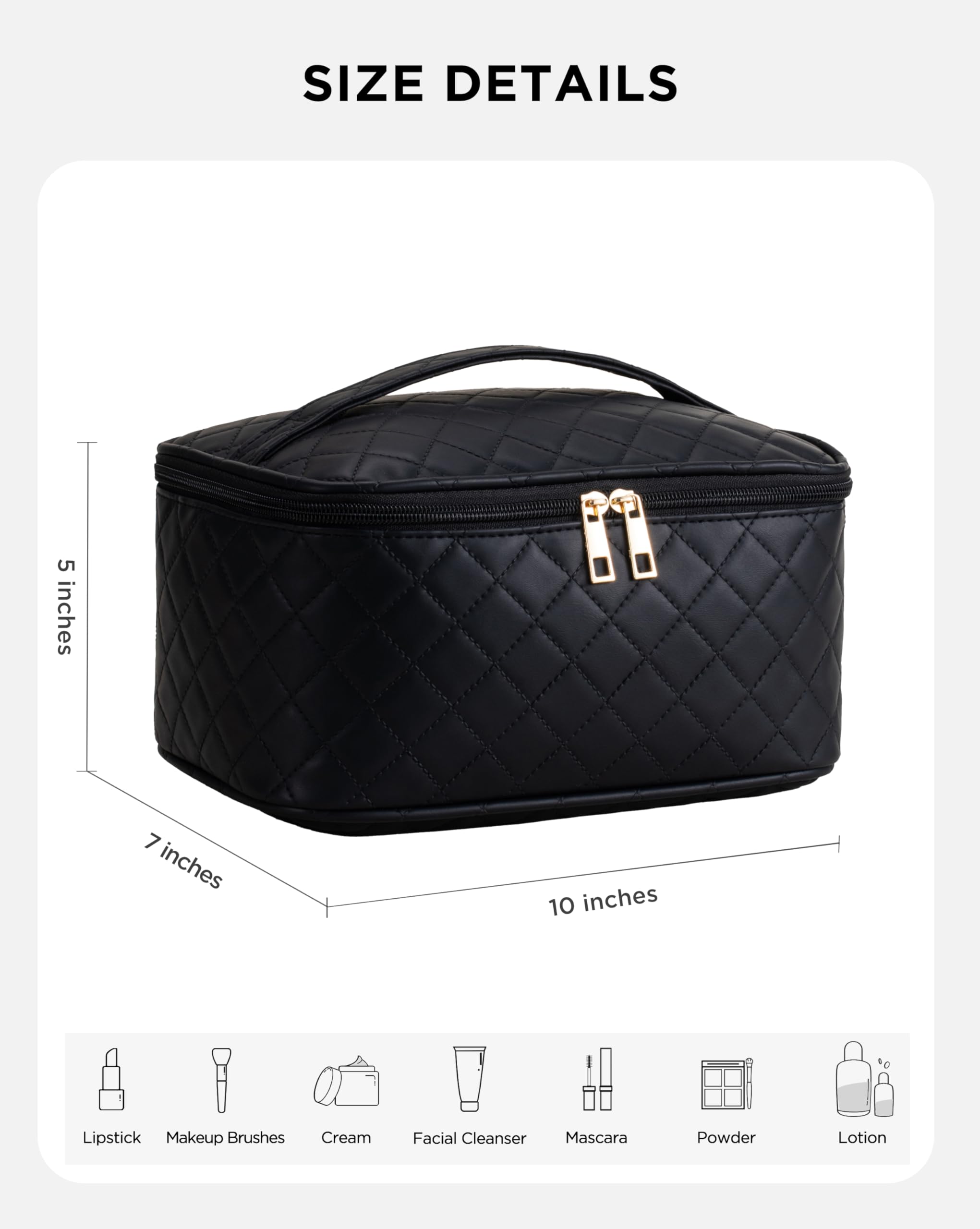 Large Waterproof Leather Makeup Bag for Women - Travel Cosmetic Organizer with Removable Dividers, Portable Toiletry Case (Lattice Black) | Perfect for Travel, Gym, and Daily Makeup Storage