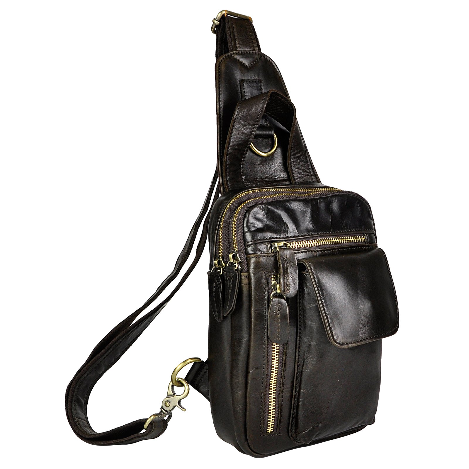 Le'aokuu Men's Leather Crossbody Chest Sling Bag - Outdoor Casual Travel Cycling Shoulder Strap Backpack (Dark Brown) - Perfect for Hiking, Commuting & Daily Use