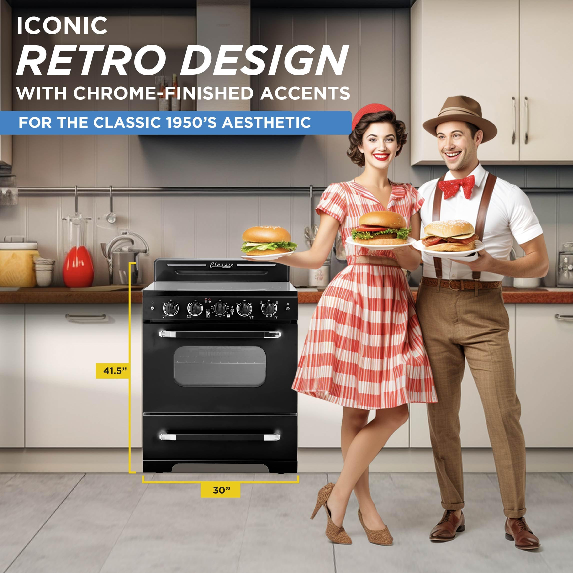 Unique Appliances UGP-30CR EC B 30-Inch Freestanding Electric Convection Oven with Retro Design - 5-Element Glass Cooktop, Radiant Heating, Midnight Black - Perfect for Kitchens, Restaurants & Small Spaces