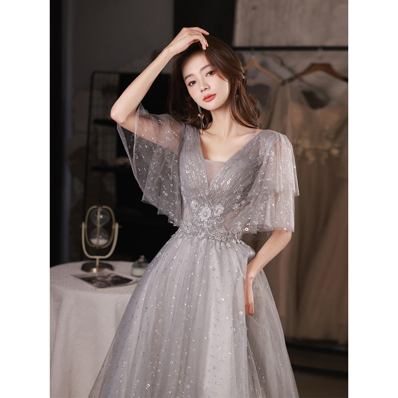 Elegant Gray Sparkly Long Prom Dress with Mid Sleeves - Perfect for Evening Gala, Homecoming Dance & Formal Events