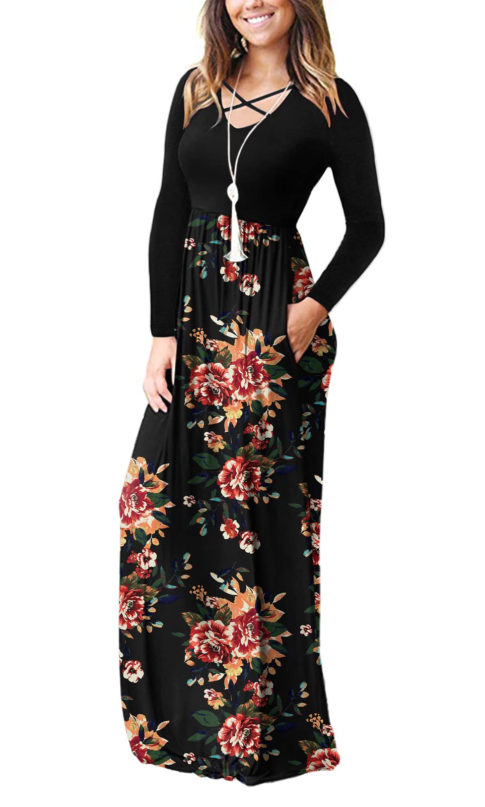 LILBETTER Women's Long Sleeve Maxi Dress - Loose Fit Casual Plain Dress with Pockets | Perfect for Everyday Wear, Beach Cover Up & Boho Outfits