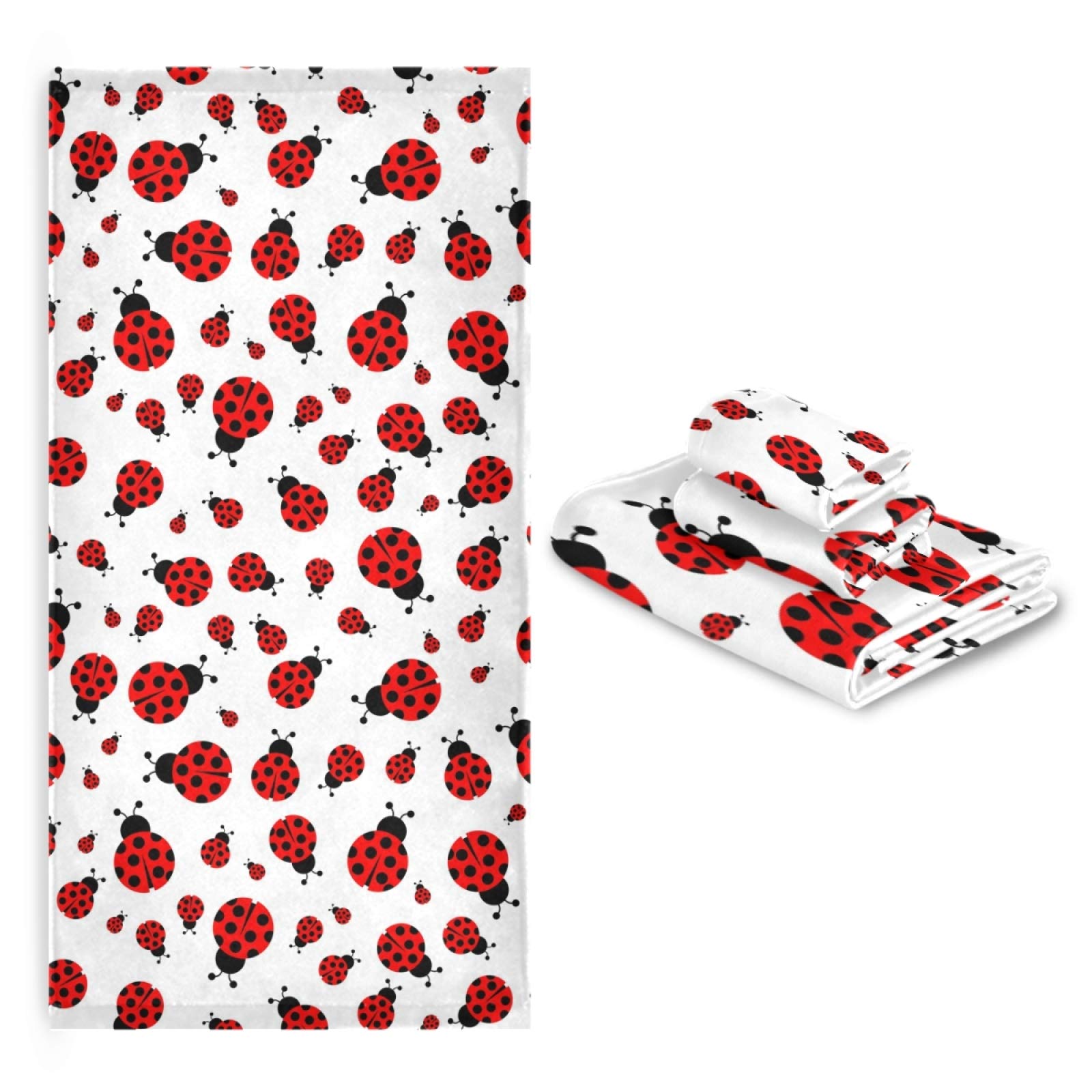 Cute Cartoon Ladybug Pattern Soft Luxury Bath Towel Set - 3-Piece (Bath Towel, Hand Towel, Washcloth) for Bathroom, Hotel, Gym, Spa & Kitchen | Perfect for Home Decor, Guest Towels & Spa Relaxation