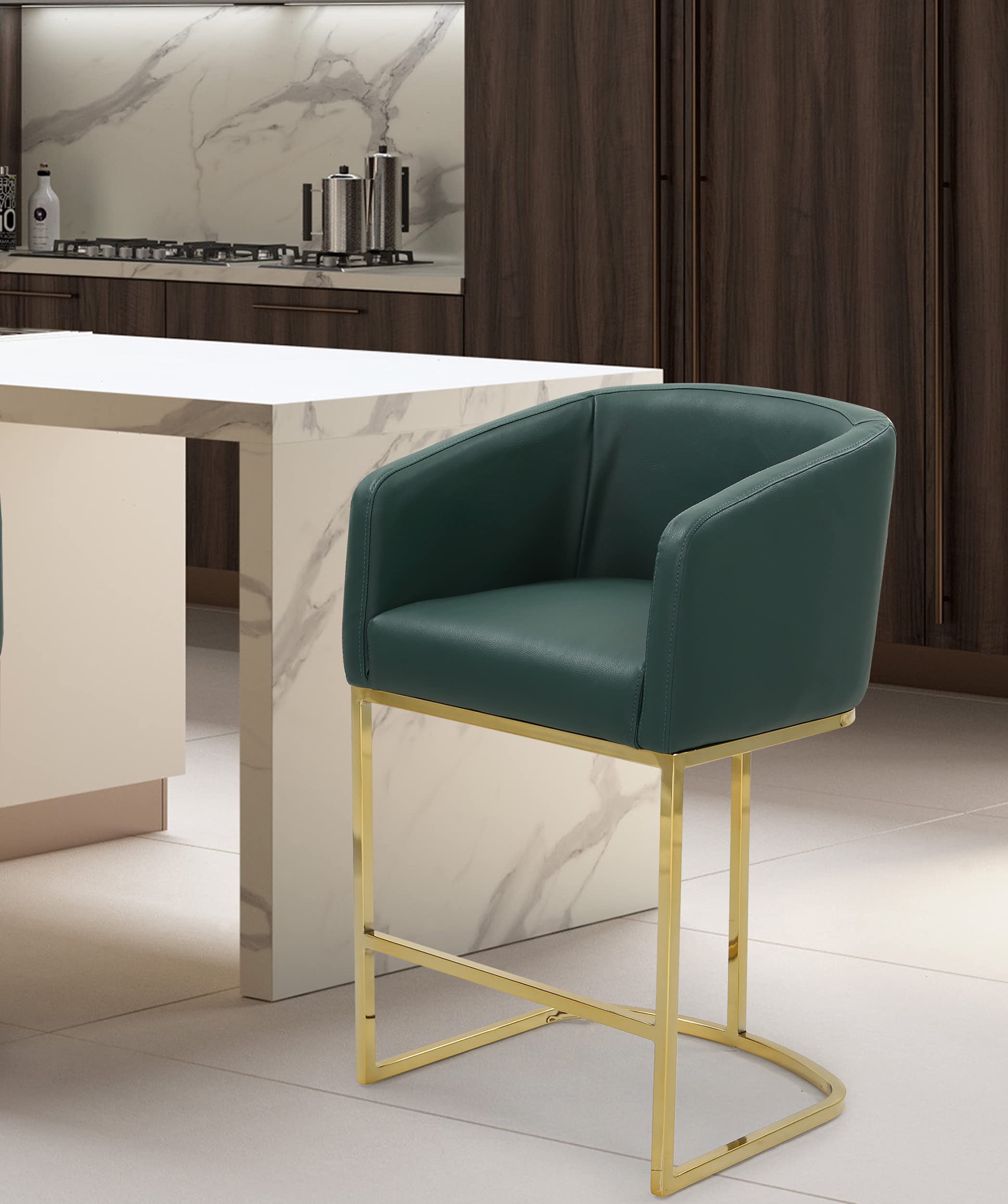 Modern PU Leather Counter Stool - Half Moon Shelter Arm Design with Goldtone U-Shaped Metal Base, Green - Perfect for Kitchen Islands, Breakfast Bars & Contemporary Dining Spaces