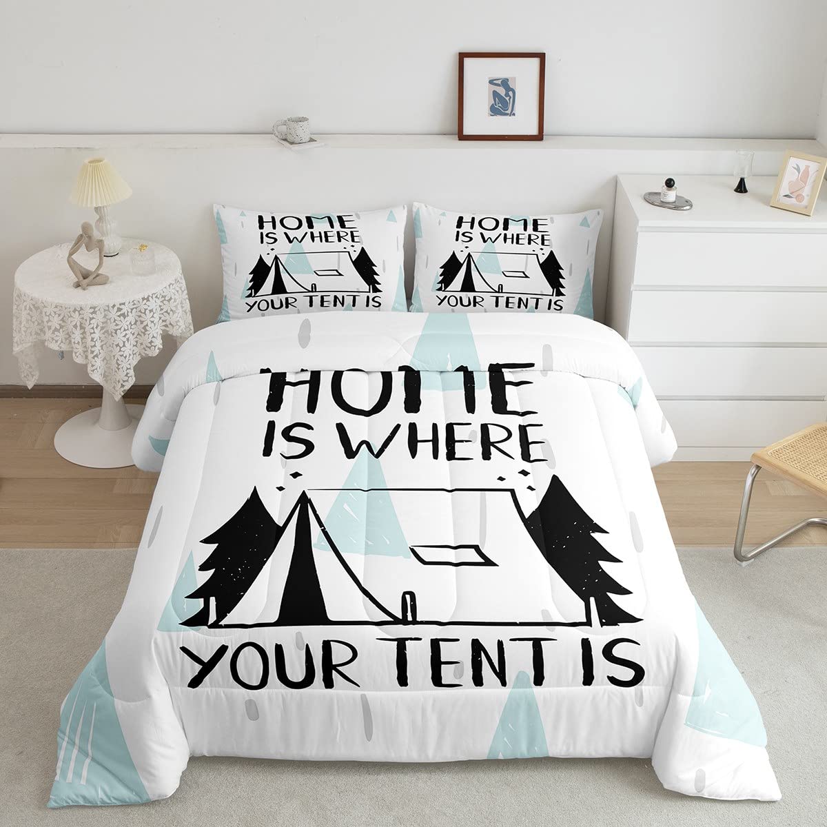 **Kids Camping Comforter Set Twin - Rustic Nature Tree Design, Soft & Cozy Farmhouse Quilted Bedding for Boys & Girls | Perfect for Tent Camping, Sleepovers & Themed Room Decor**