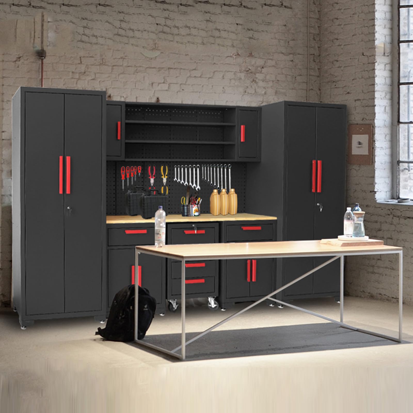 Torin 8-Piece Black Garage Storage Cabinet System - Steel Workshop Cabinets with Drawers, Rolling Chest & Pegboard - Secure Locking Storage for Home Garage Organization (Perfect for Tools, Equipment & DIY Projects)