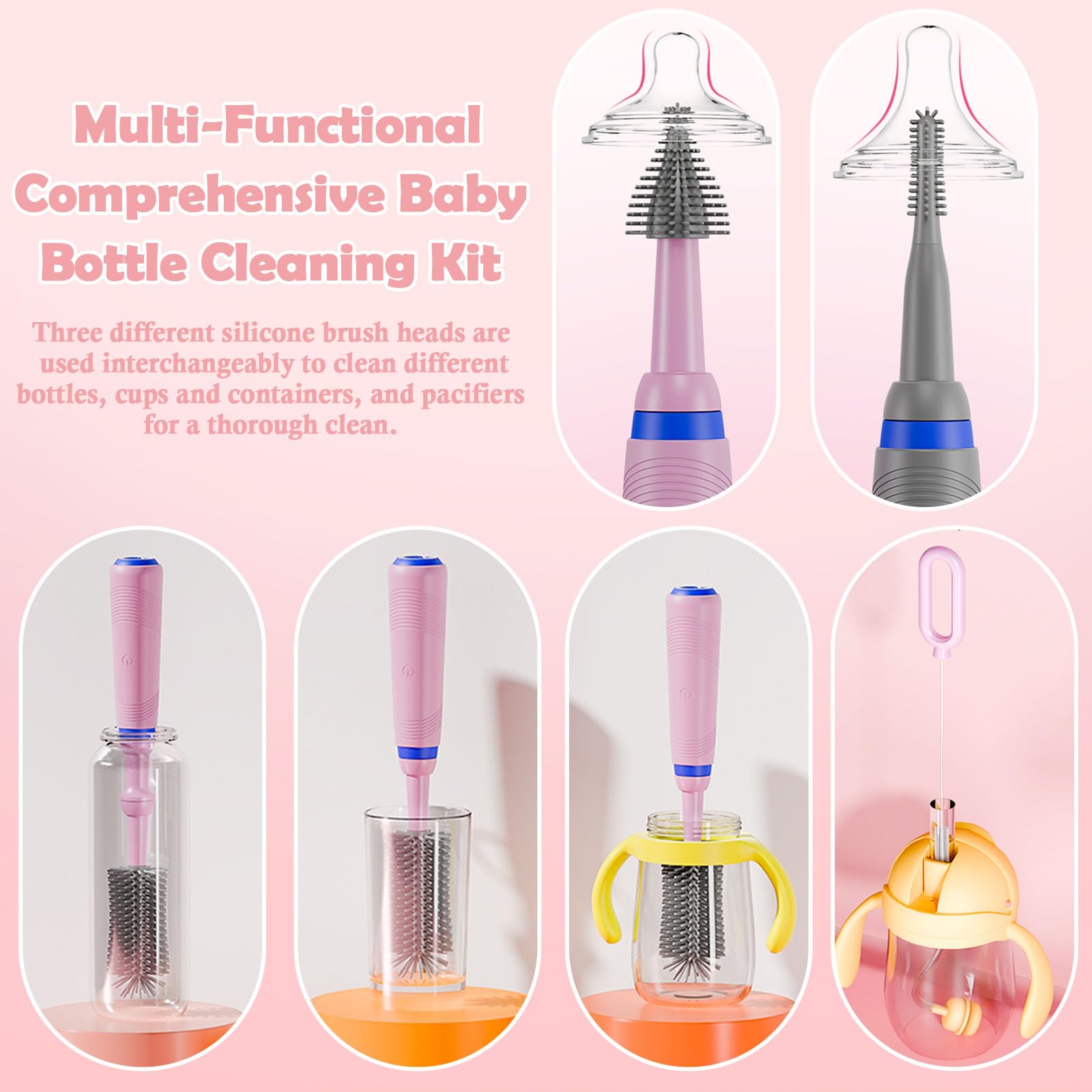 Electric Bottle Brush Set with Extendable Handle - for Water Bottles, Nipples & Straws - Home & Travel Use