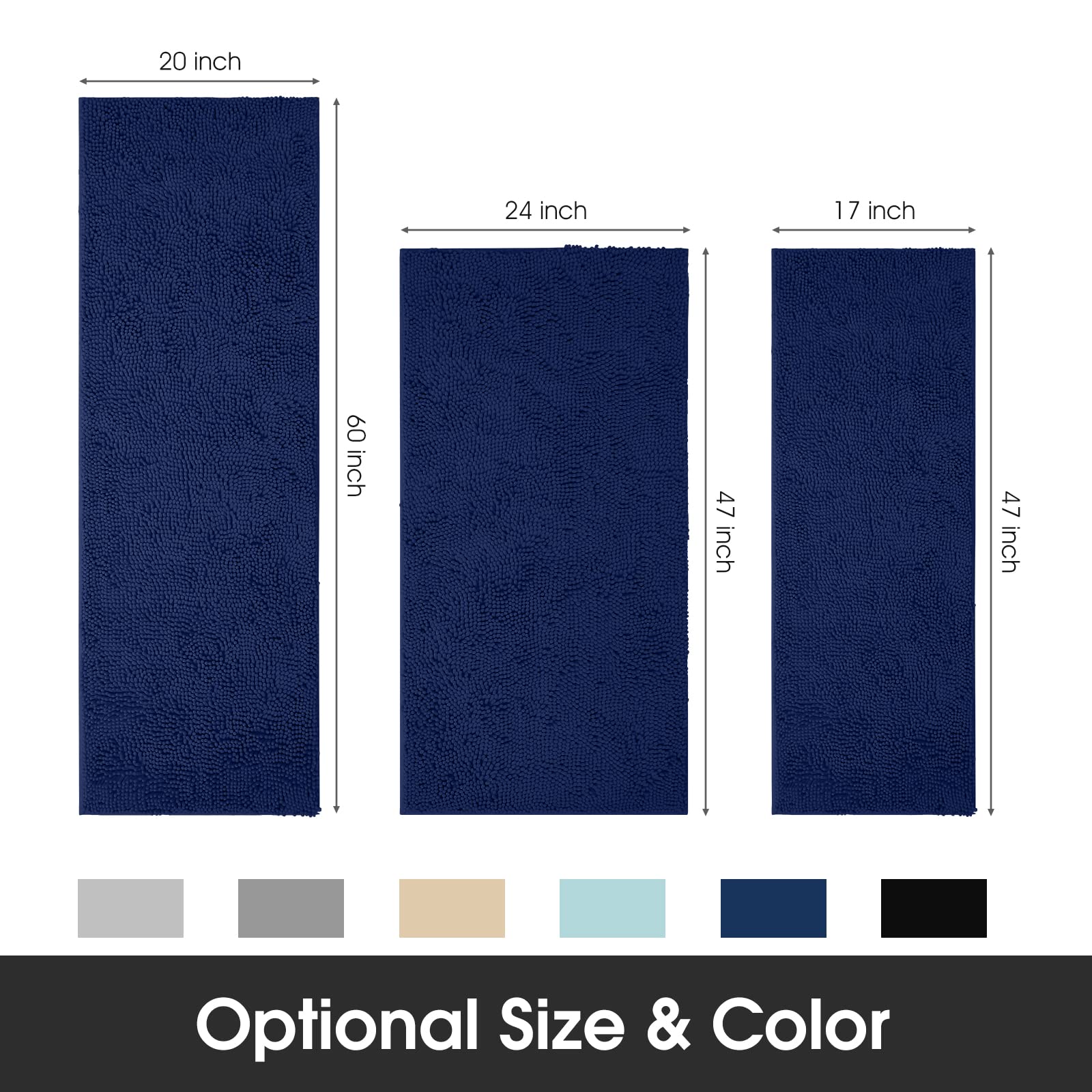 HOMEIDEAS Navy Blue Bathroom Rug Runner 17x47 Inch - Ultra Soft, Absorbent, Non-Slip Chenille Plush Shower Mat - Machine Washable Bath Carpet for Bathroom, Shower, and Vanity Areas - Perfect for Modern and Cozy Home Decor