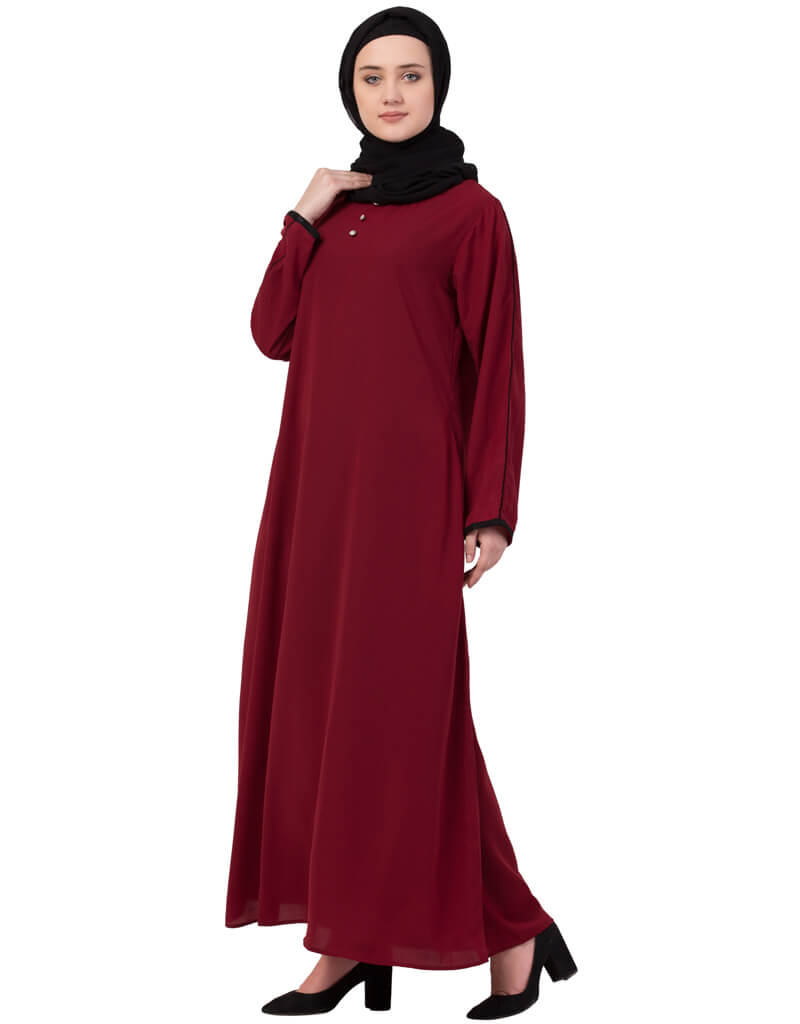 Elegant Maroon Casual Abaya with Arabic Contrast Piping Sleeves - Perfect for Daily Wear, Prayer, and Special Occasions