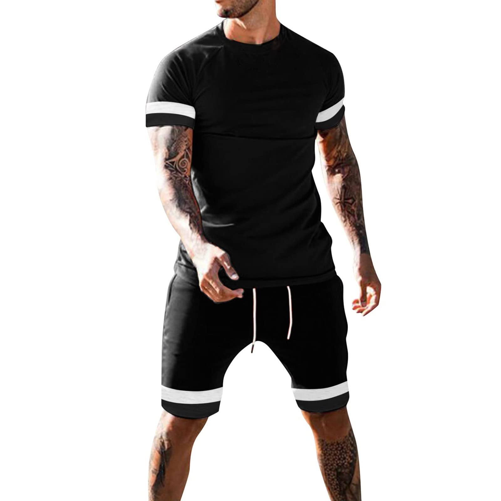 Men's 2-Piece Lounge Tracksuit Set - Summer Beach Shorts & Patchwork Sleeve Shirts - Comfortable Casual Outfit for Home, Gym, and Vacation