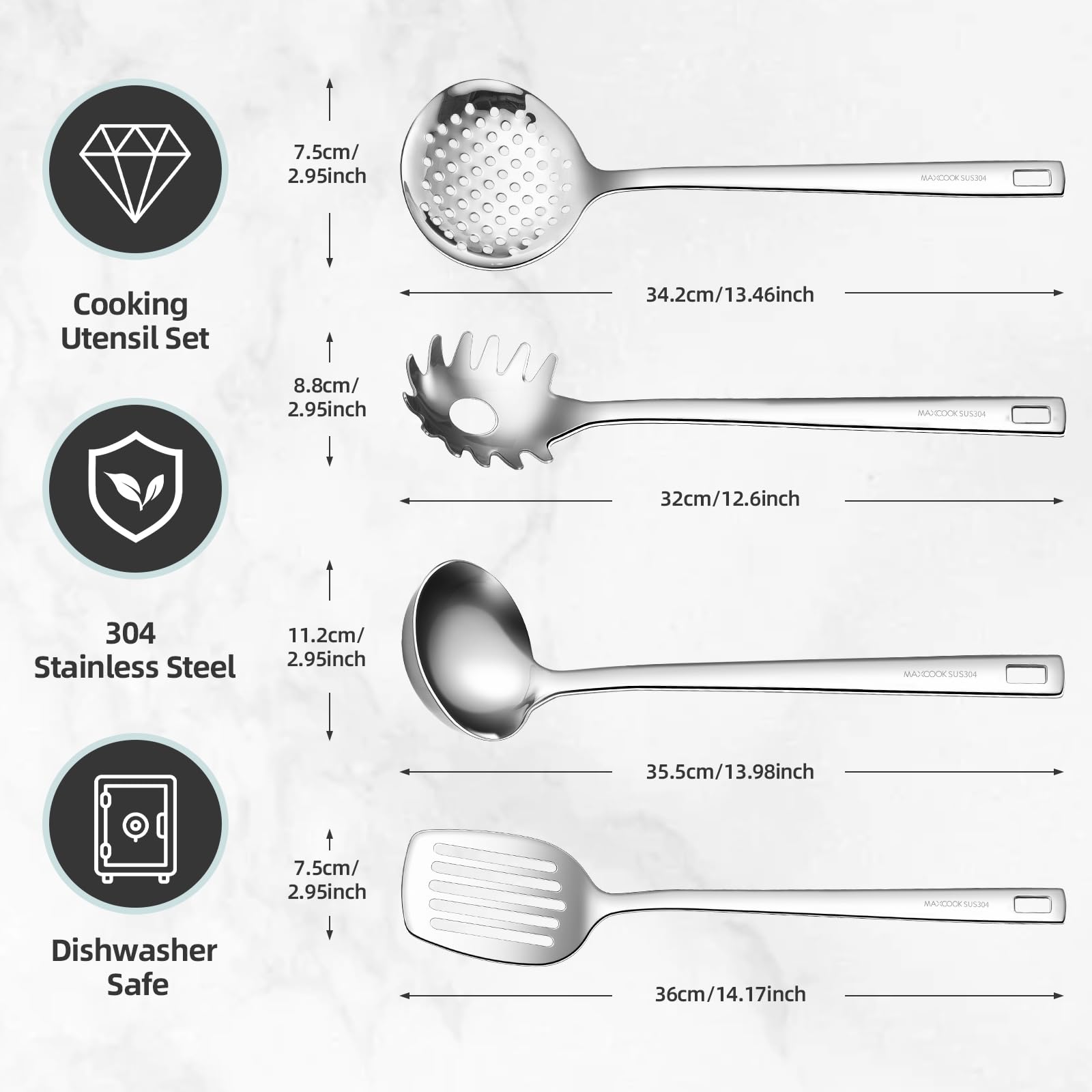Premium Stainless Steel Cooking Utensils Set - 6-Piece Kitchen Tool Collection with Soup Ladle, Spaghetti Server, Slotted Turner & Skimmer - Mirror Polished & Dishwasher Safe - Ideal for Wok Cooking, Stir-Frying & Serving Pasta