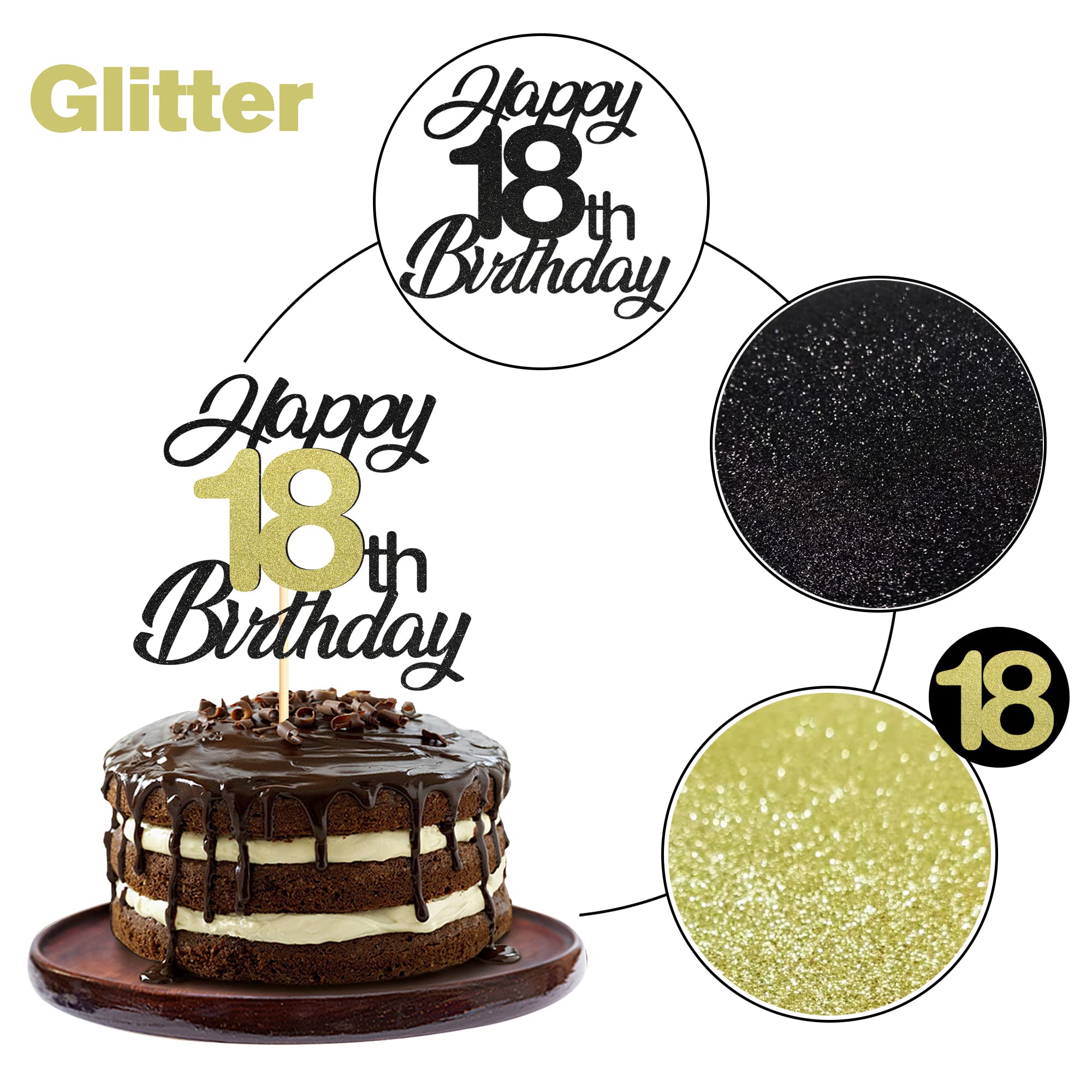 Elegant Black & Gold Glitter 18th Birthday Cake Topper - Happy 18th Birthday Cake Decorations for Party, Celebration & Milestone Events - Perfect for Sweet 16, Graduation & Coming of Age Parties