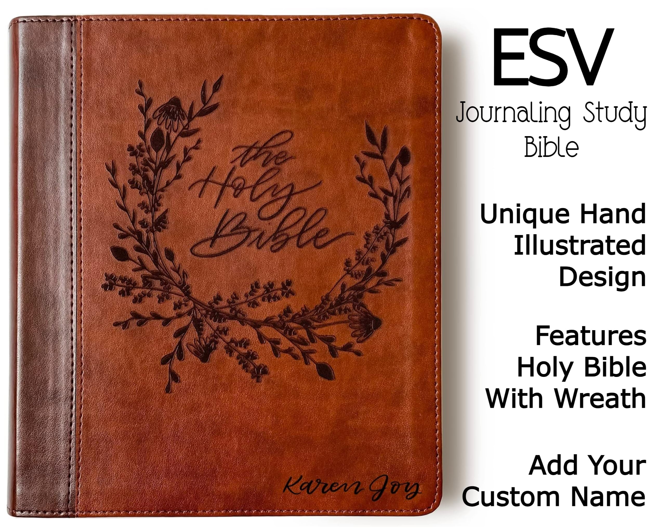 Hand Lettered & Laser Engraved ESV Journaling Study Bible - Personalized Holy Bible with Wreath Design | Custom Name Engraving Available | Perfect for Bible Study, Gift Giving & Spiritual Reflection