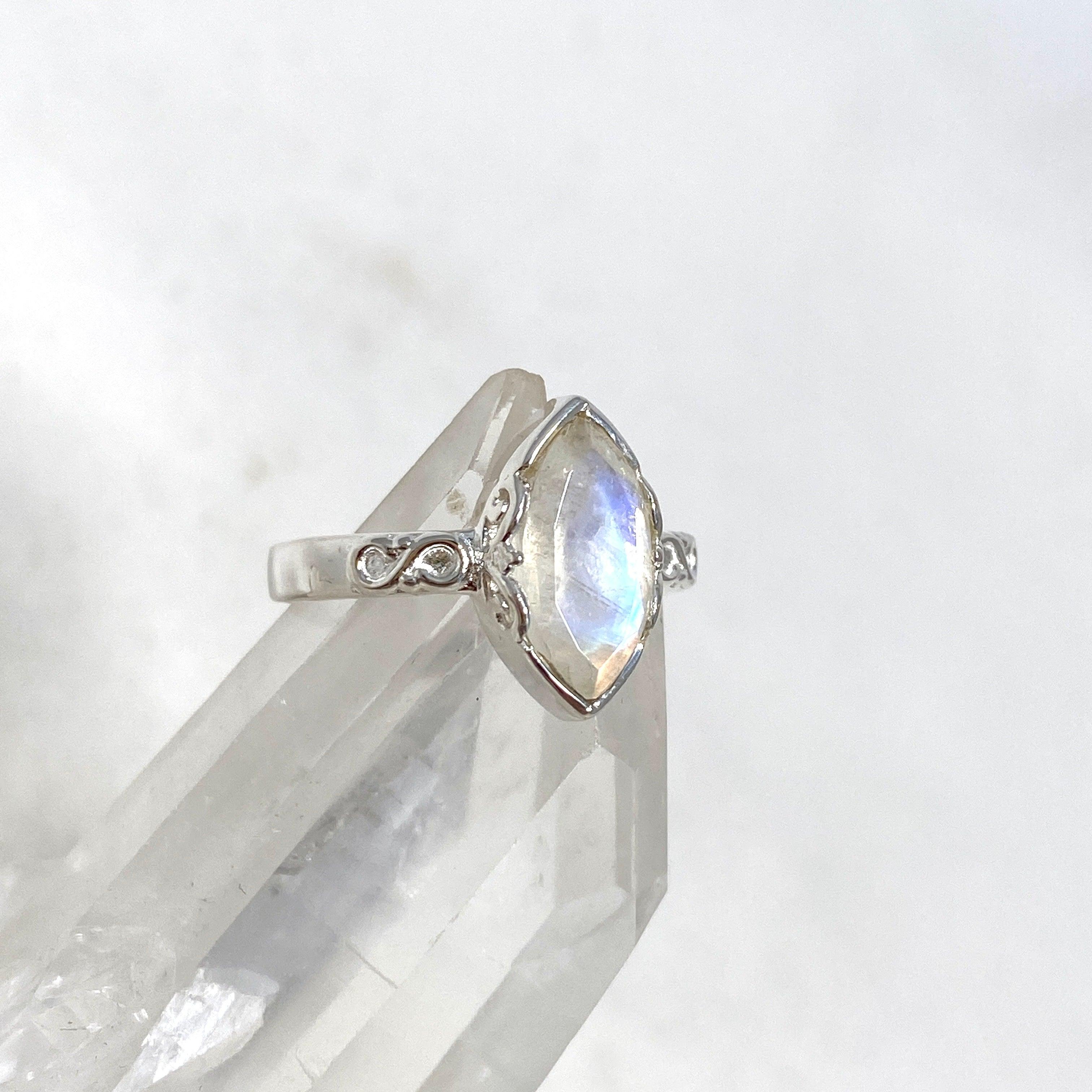 Moonstone Faceted Marquise Ring in Decorative Sterling Silver Setting R3726 | Elegant Jewelry for Weddings, Parties & Special Occasions