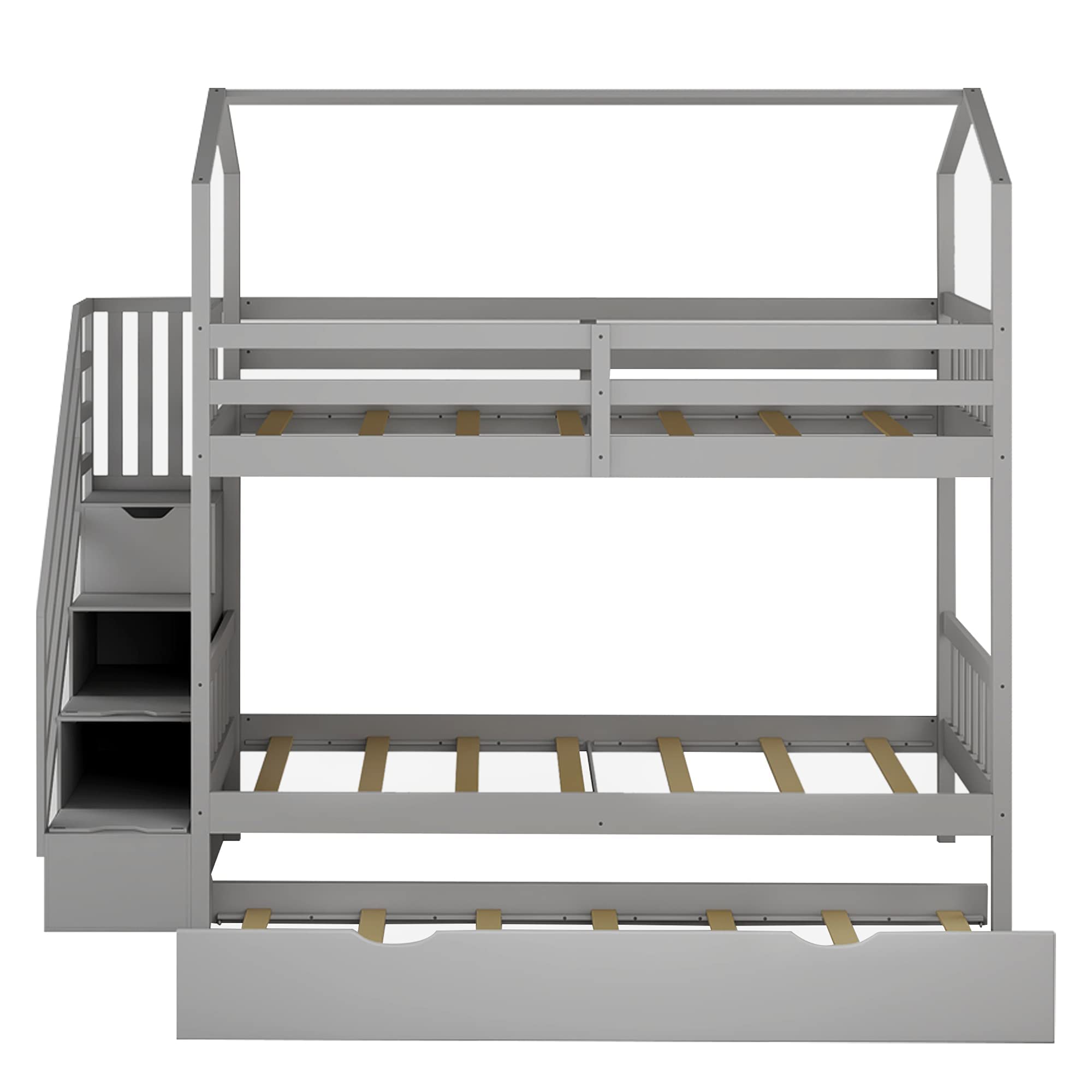 **Twin Over Twin Bunk Bed with Trundle - Solid Wood Kids Bunk Bed with Staircase & Storage - Space-Saving Bedroom Furniture for Boys, Girls, Teens - Perfect for Shared Rooms, Sleepovers & Small Spaces**