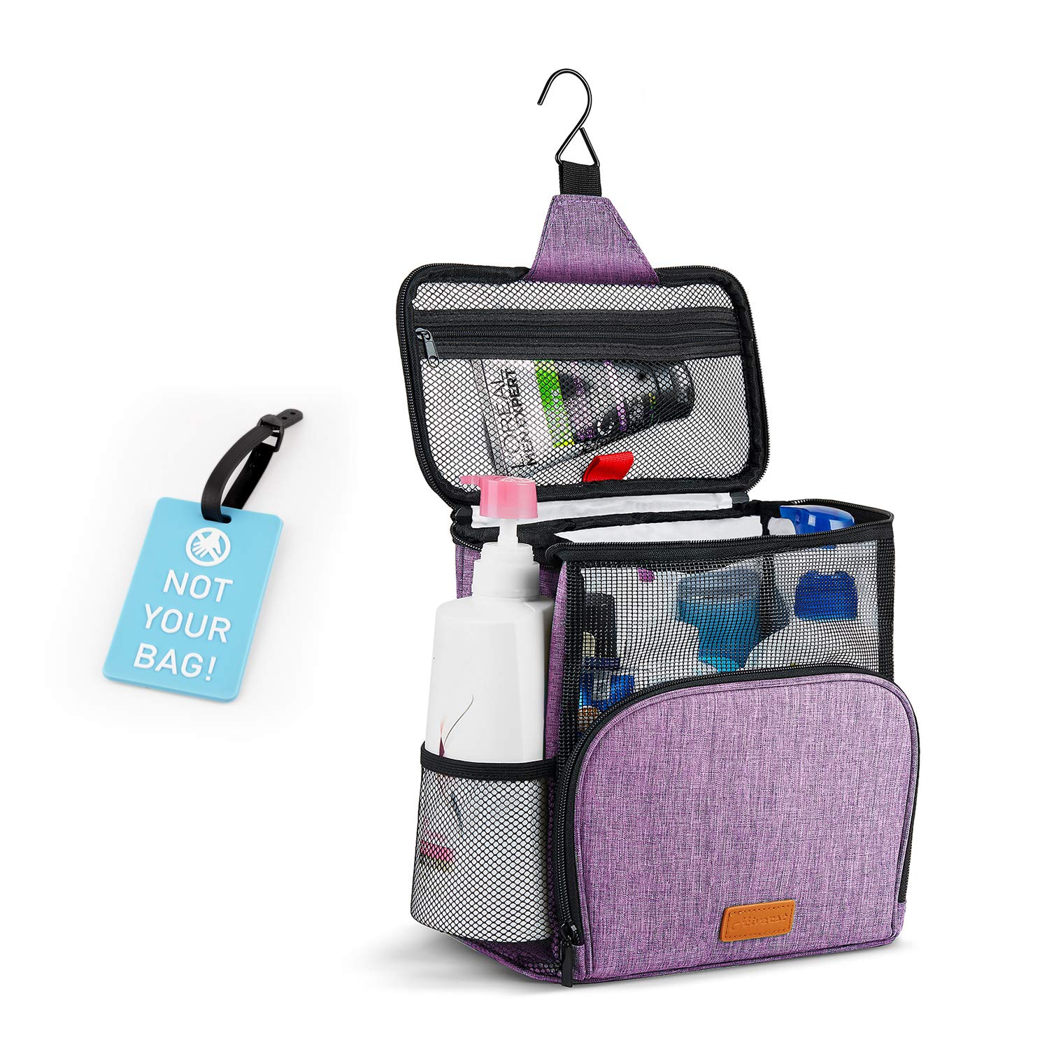 Hiverst Hanging Toiletry Bag - Large Shower Caddy Tote with Luggage Tag - Waterproof Bath Organizer for Travel, College Dorm, Gym & Camp - Fits Full Size Bottles - Perfect for Men & Women - Ideal for Backpacking, Business Trips & Vacation Essentials