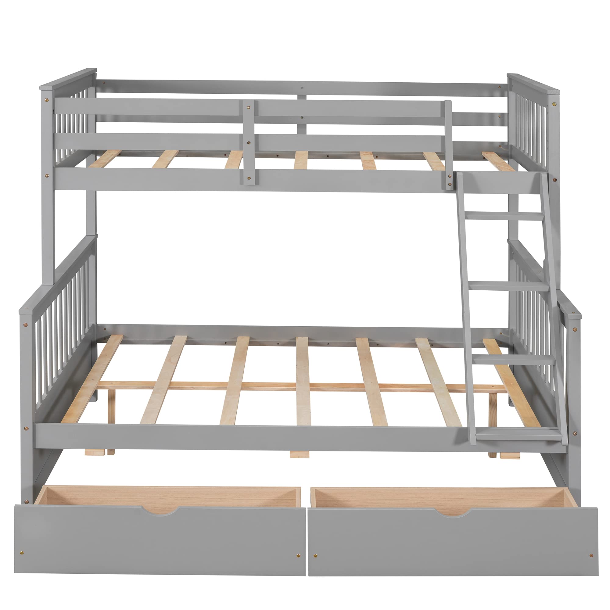 P PURLOVE Twin Over Full Bunk Bed with 2 Storage Drawers, Sturdy Wood Bunk Bed Frame with Ladder, No Box Spring Needed, Space-Saving Gray Bunk Bed - Perfect for Kids' Bedrooms, Guest Rooms & Small Spaces