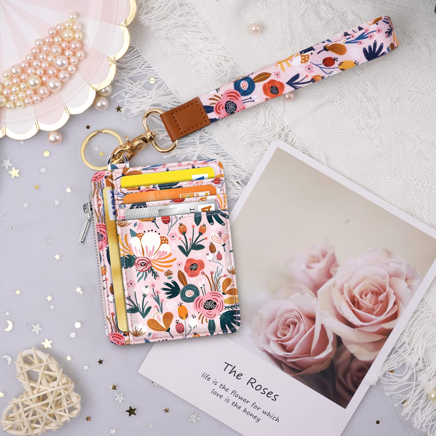 Waveyu Pink Flower Wrist Lanyard with ID Holder & 6 Card Slots - Perfect for Women's Work & Travel Essentials
