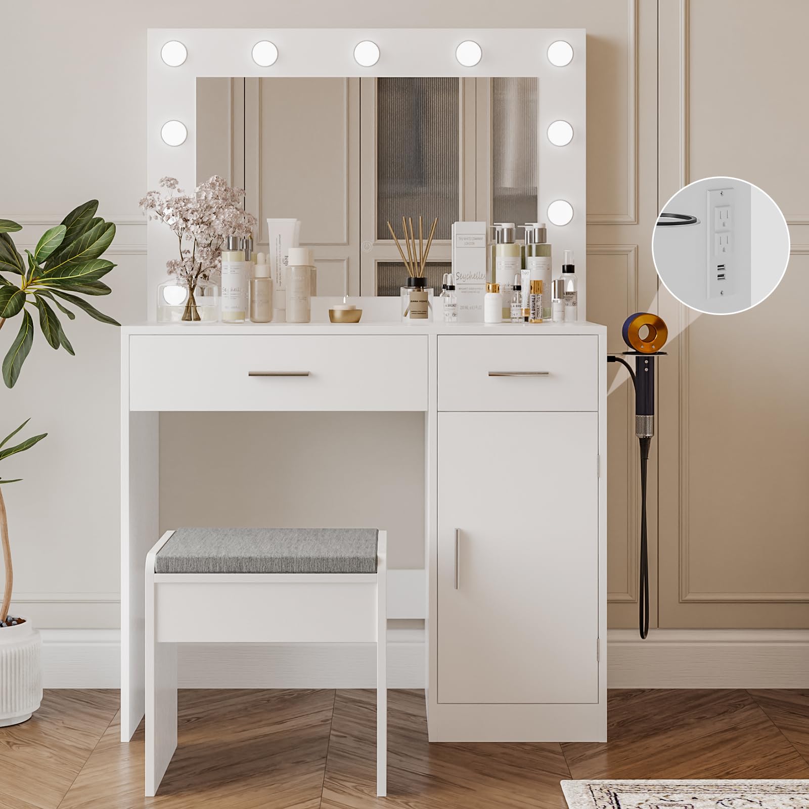 Vanity Desk with Mirror, Large Drawer & Built-in Power Outlet - 11 LED Bulbs with 3 Adjustable Lighting Modes, White Makeup Dressing Table for Bedroom | Perfect for Makeup Application, Skincare Routine & Home Decor