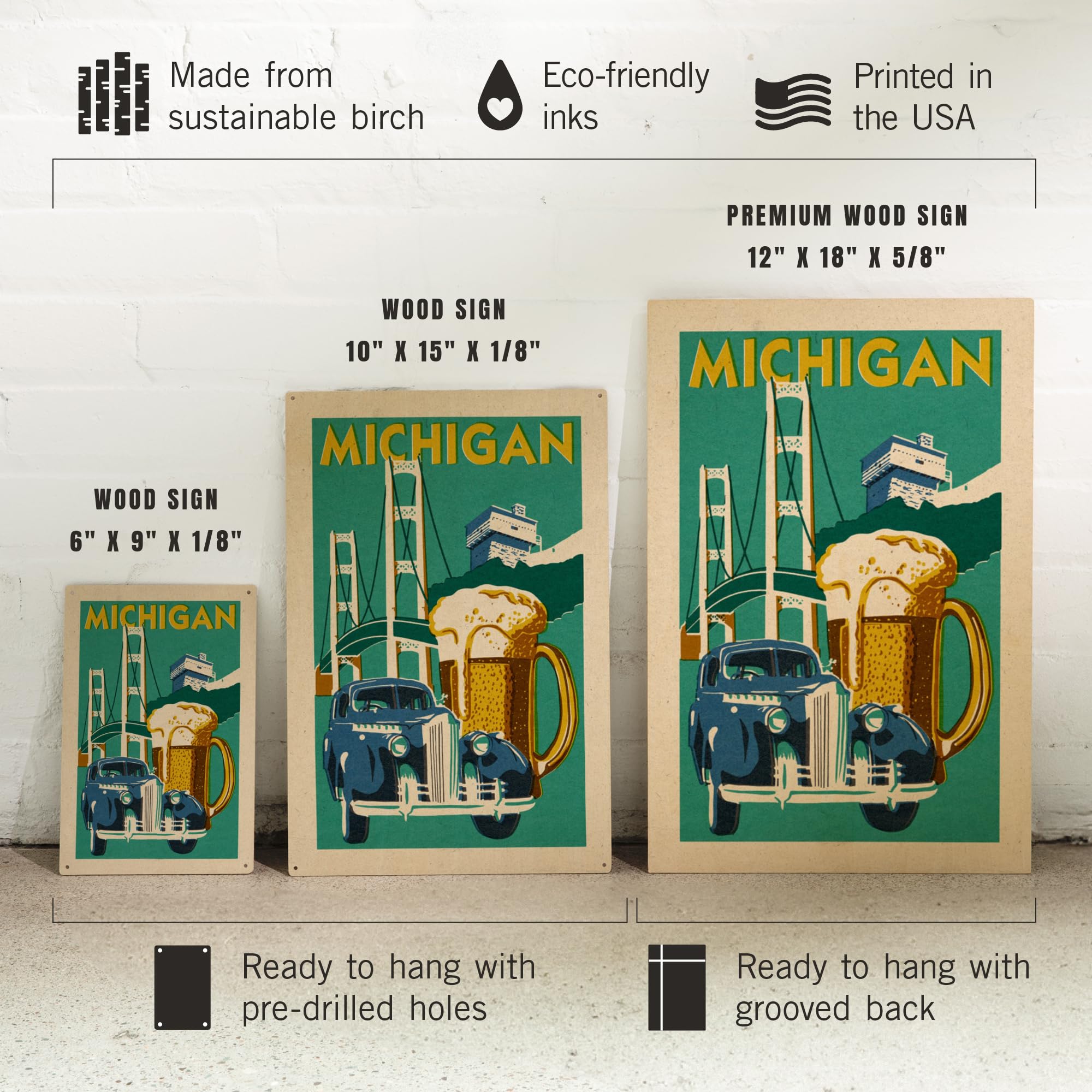 Lantern Press 10x15 Inch Wooden Wall Sign - Ready to Hang Michigan Themed Woodblock Decor - Perfect for Home, Office, or Cabin Wall Art