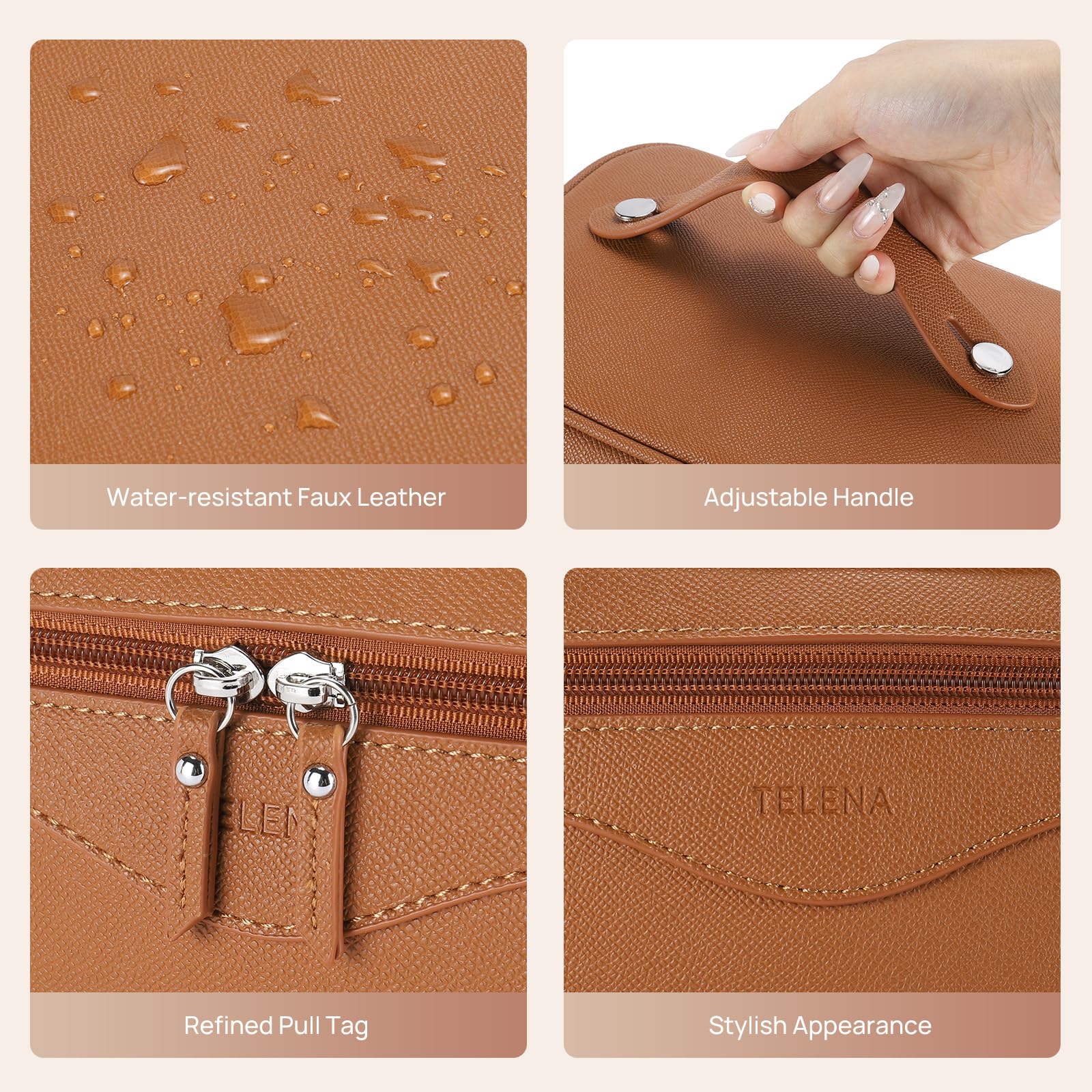 Telena Vegan Leather Makeup Bag - Travel Toiletry Organizer for Women | Perfect for Travel Essentials & Daily Use