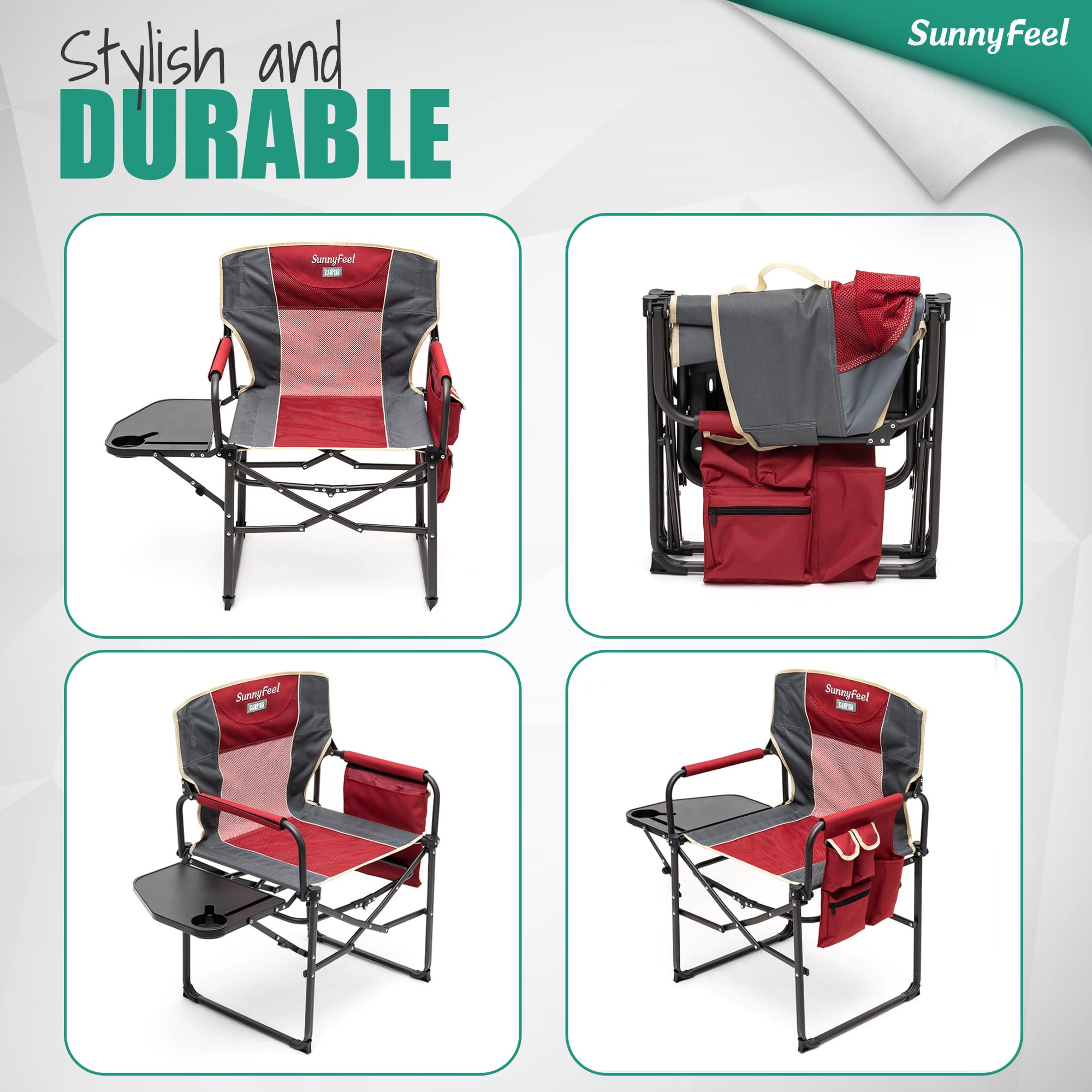 **Sunnyfeel Heavy Duty Oversized Camping Director's Chair with Side Table & Storage Pocket - Portable Folding Chair for Beach, Fishing, Picnic, Lawn, Concert & Outdoor Adventures**