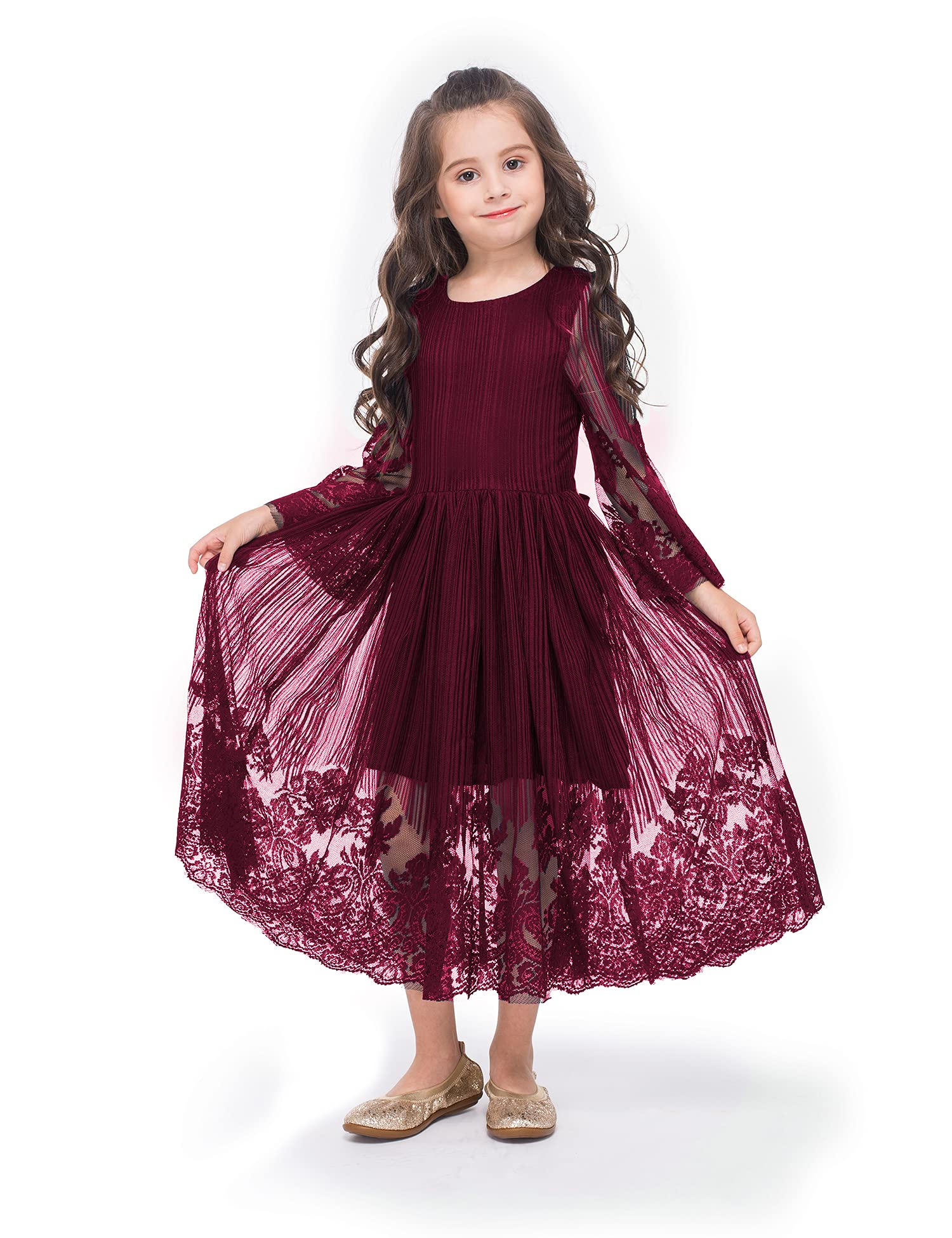 Girls Lace Floral Dress - Long Sleeve Midi Communion Dress for Weddings, Birthday Parties & Special Occasions | Perfect Flower Girl Attire for First Communion, Easter & Spring Events