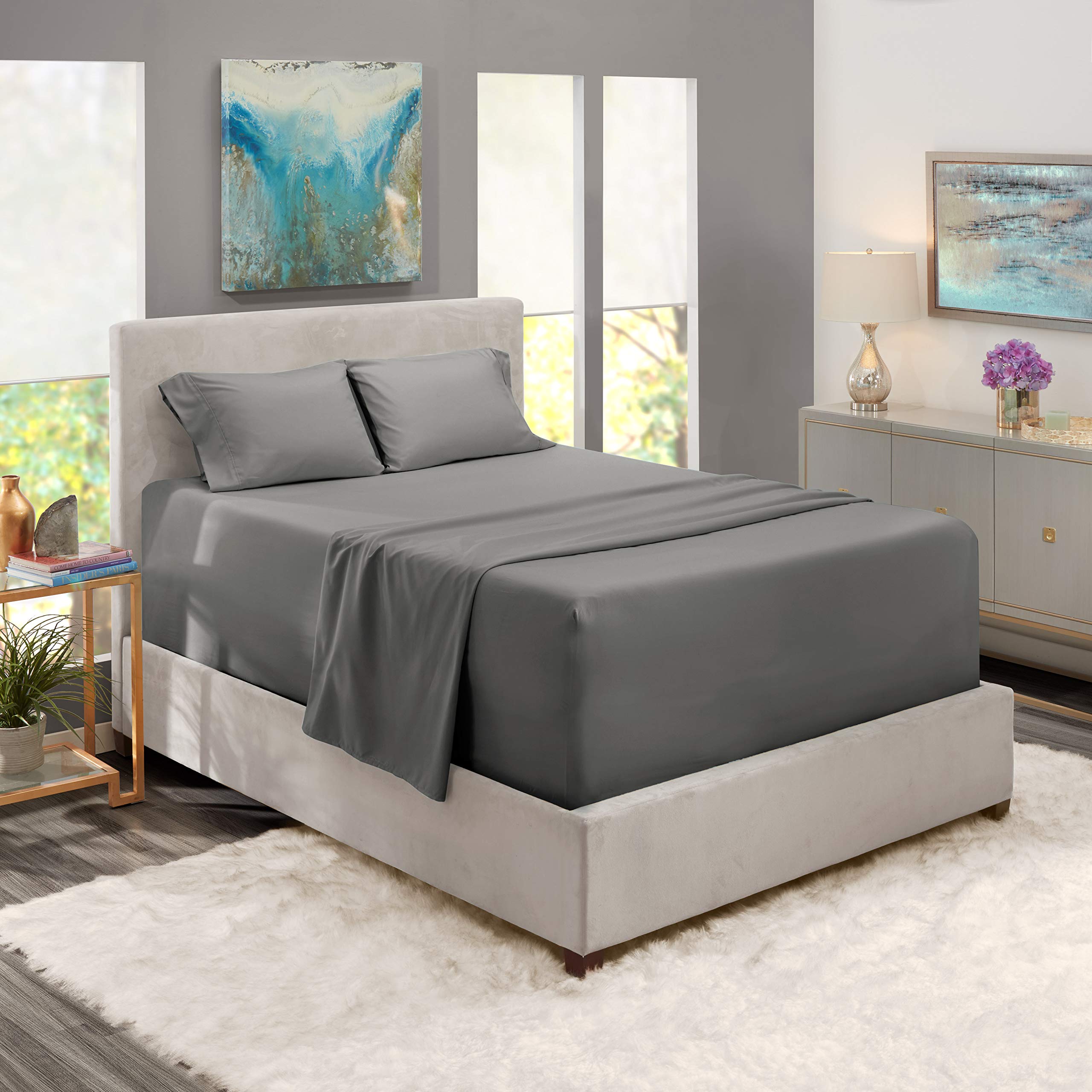 Premium 600 Thread Count Twin XL Sheet Set - 4 Piece 100% Long Staple Cotton Sateen Bedding | Fade Resistant Dark Grey Sheets with Deep Pockets (Fits 12